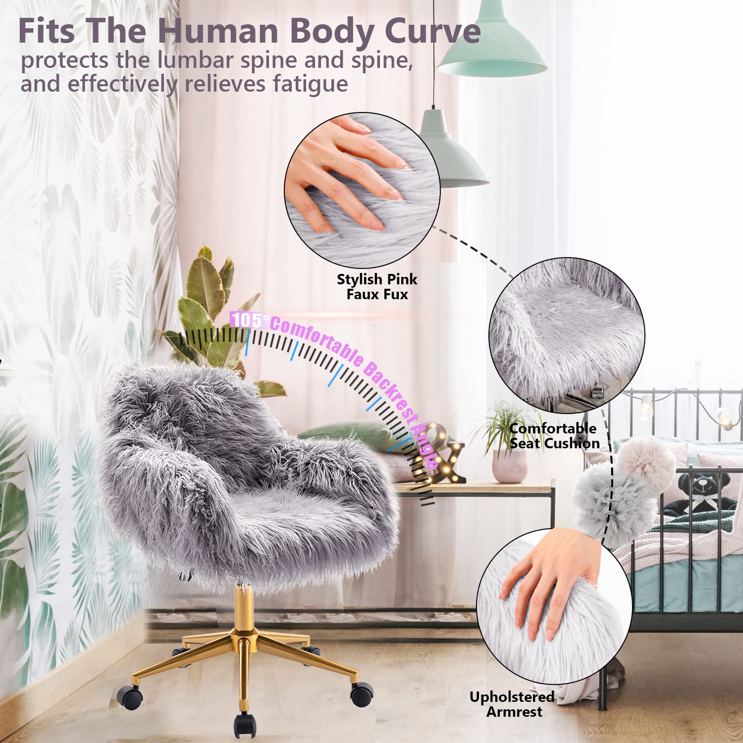 HomVent Faux Fur Office Chair with Wheels & Armrest - Modern Vanity Makeup Chair for Women, Girls Bedroom, Living Room & Home Office - Soft Grey Accent Chair for Working, Studying & Beauty Routines