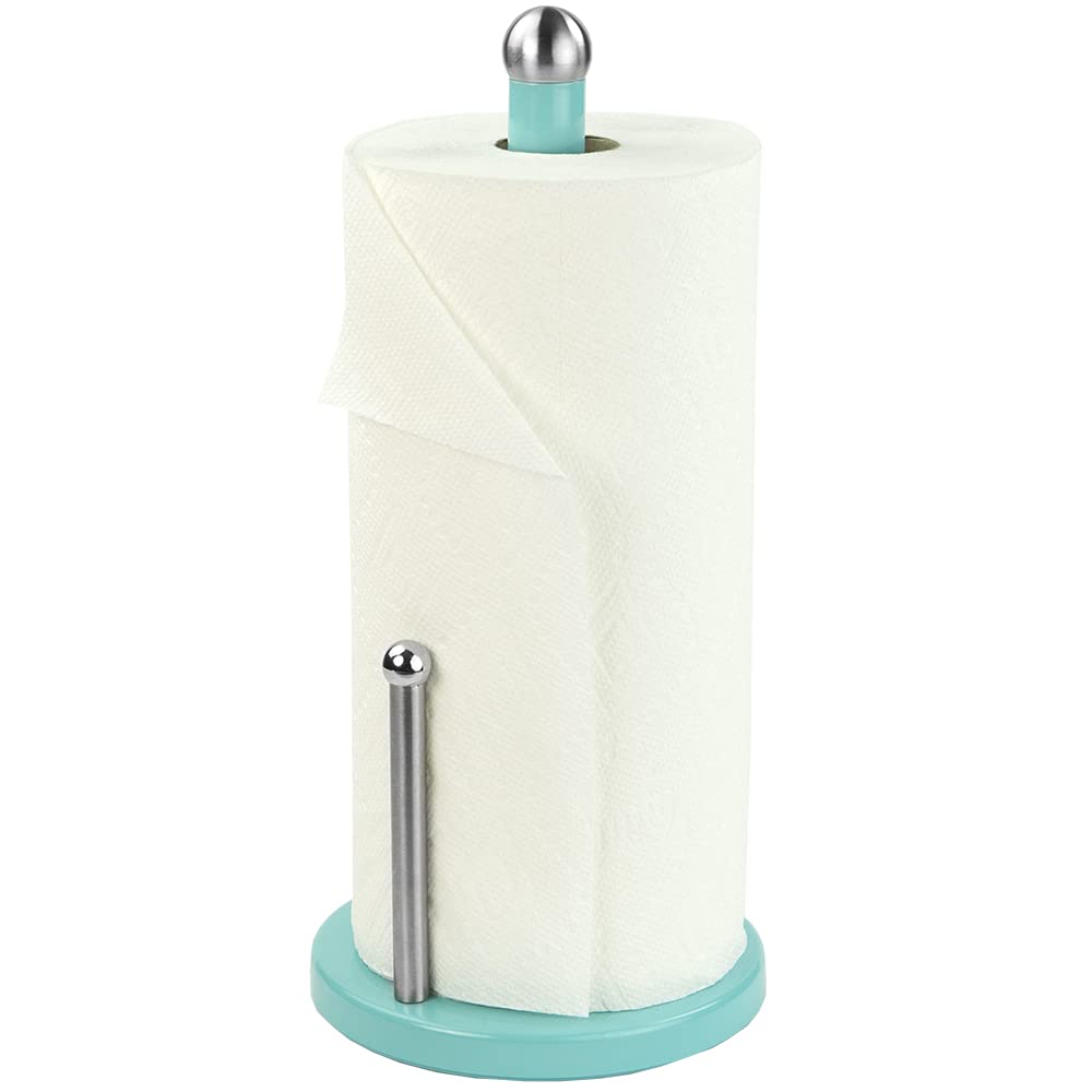Sturdy Steel Paper Towel Holder by Home Basics (Turquoise) - Standing Kitchen & Bathroom Towel Roll Holder with Weighted Base & Easy-Tear Arm - Countertop Organizer for Easy Access & Mess-Free Cleaning