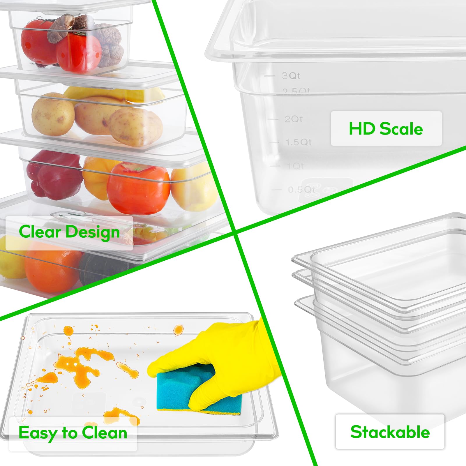 6 Pack 1/6 Size 6-Inch Deep Clear Food Pans with Lids - Commercial Grade Polycarbonate Transparent Food Storage Containers - Stackable Plastic Pans with Capacity Scale - Perfect for Restaurants, Catering & Food Prep