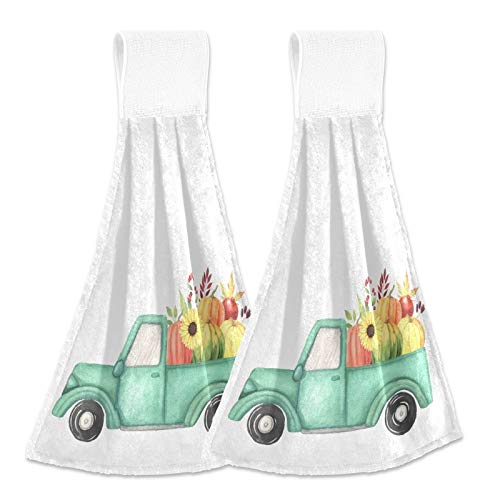 SLHKPNS Watercolor Turquoise Absorbent Kitchen Hand Towels - 2 Pack Hanging Loop Towels for Pumpkin Truck Vegetables Decor, Bathroom & Home - Perfect for Farmhouse, Rustic & Country Style Kitchens