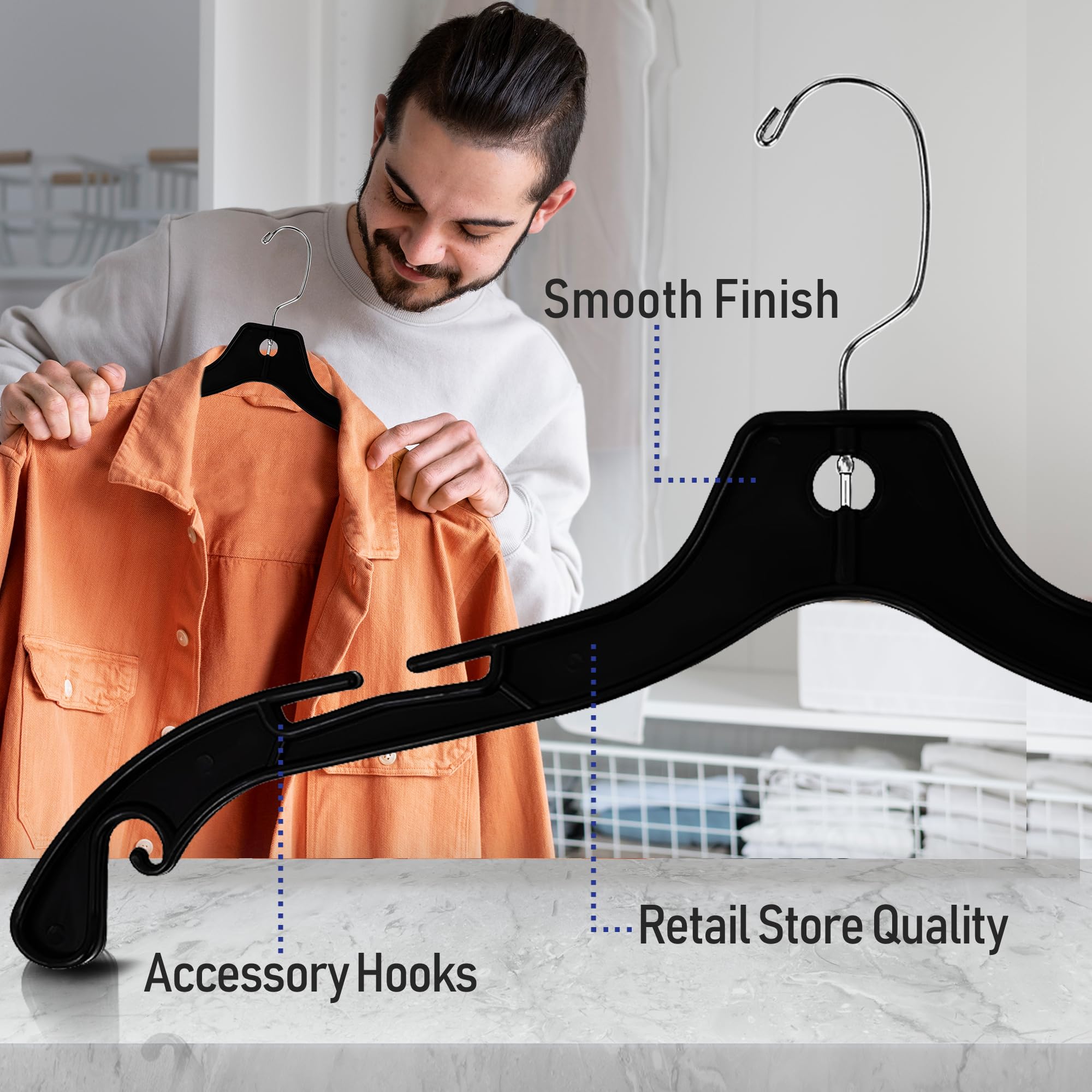 Victory Display Heavy Duty Clothes Hangers - 17in Wide Black Plastic Hangers with Swivel Hooks & Notched Shoulders - Coat & Shirt Organizer for Closet - Space Saving Hanger for Clothing (100 Pack) - Perfect for Wardrobe Organization, Retail Stores & Laundry Businesses