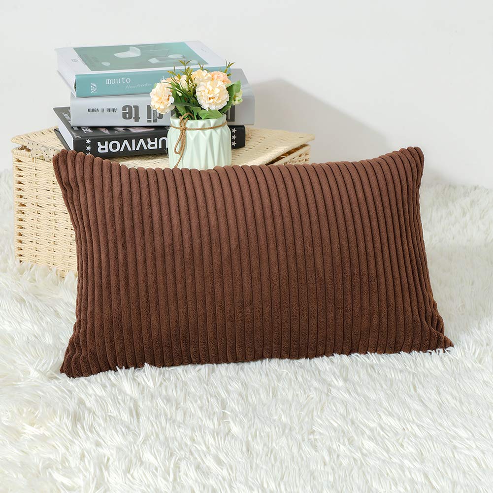 Artscope Cozy Striped Corduroy Pillow Covers - Super Soft Decorative Oblong Throw Pillow Cases (12x20 Inches, Brown) for Sofa, Couch, Bedroom & Car Decor | Perfect for Living Room Accents, Home Styling & Cozy Comfort