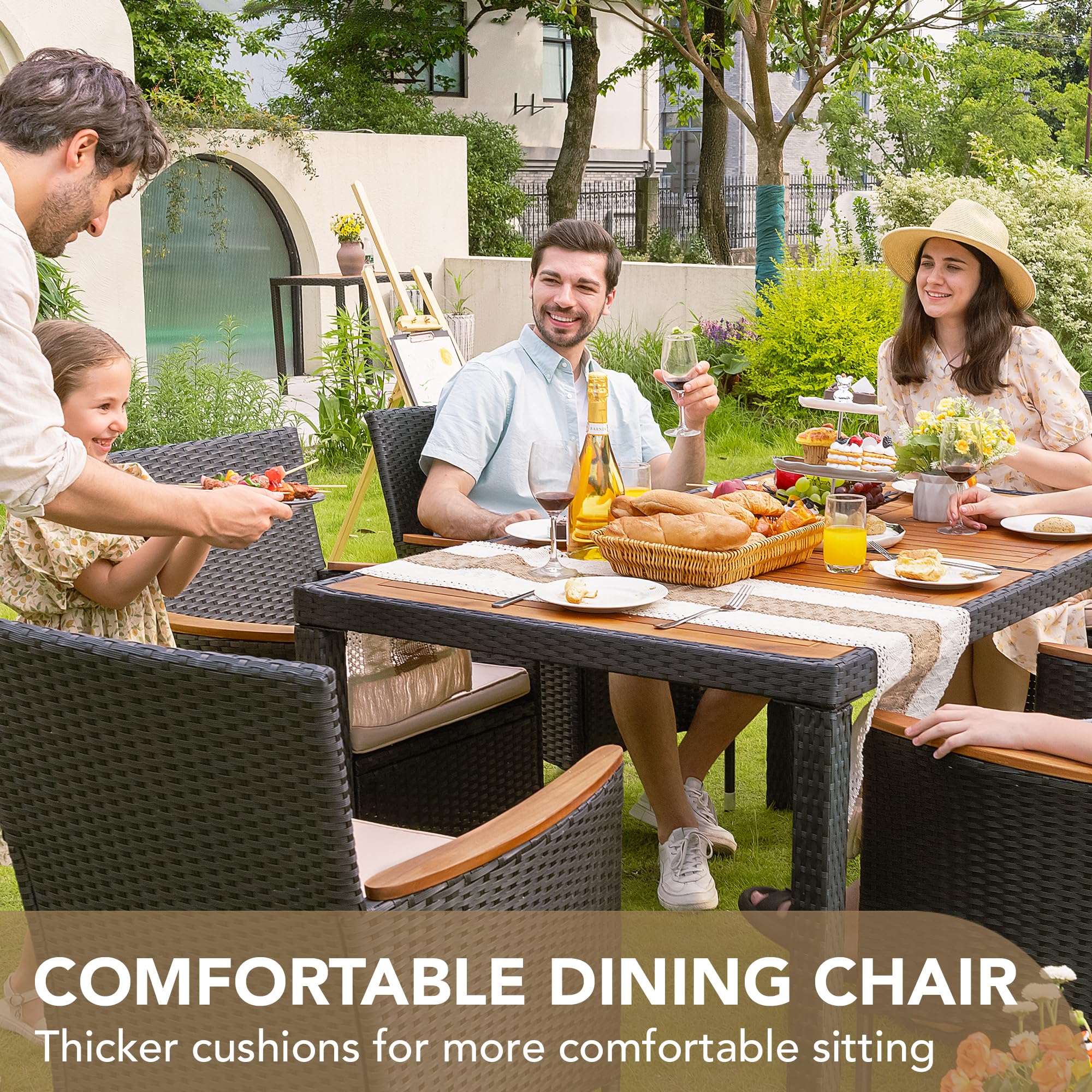 Devoko 7-Piece Outdoor Dining Set - Acacia Wood Table & Rattan Chairs, Black Patio Furniture for Garden, Backyard, Poolside & BBQ Parties