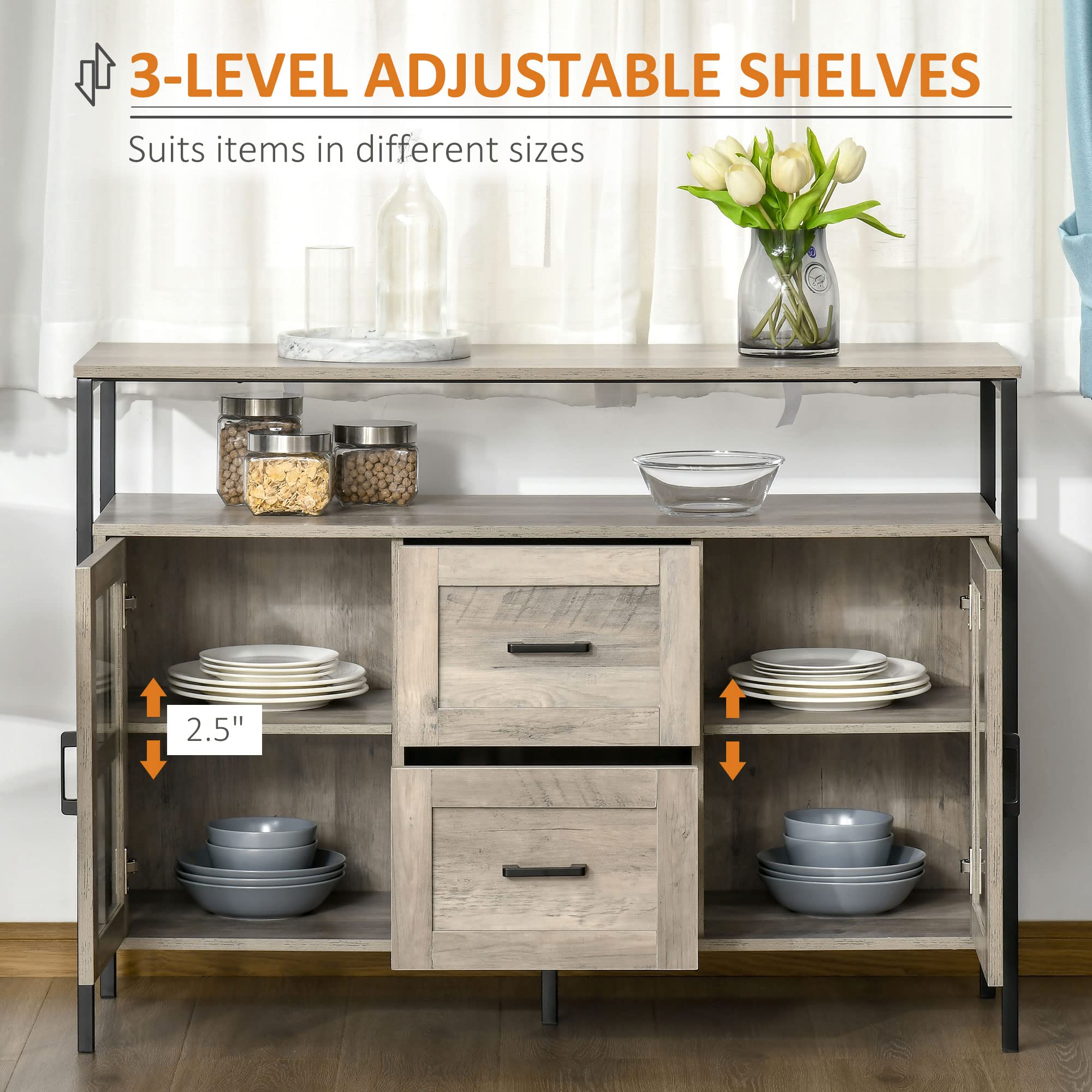 HOMCOM Industrial Sideboard Buffet Cabinet with Adjustable Shelves & Glass Doors - 2-Drawer Storage Cabinet for Kitchen, Living Room, Dining Room | Coffee Bar, Home Organization, Gray Furniture for Modern Interiors