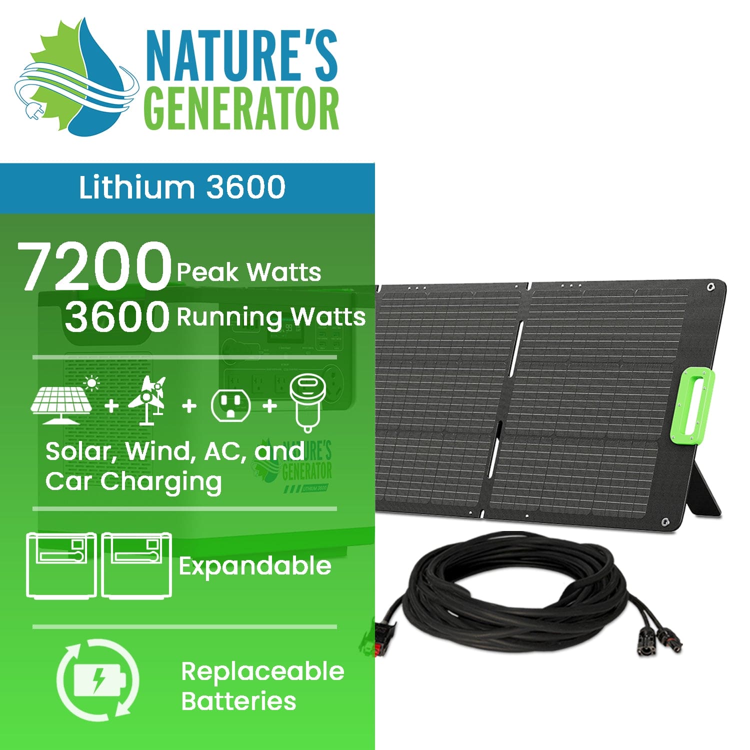 Nature's Generator Lithium 3600 Solar Power Station - Portable Solar Generator for Camping, RV, Emergency Backup & Off-Grid Power (3000W, 3600Wh)