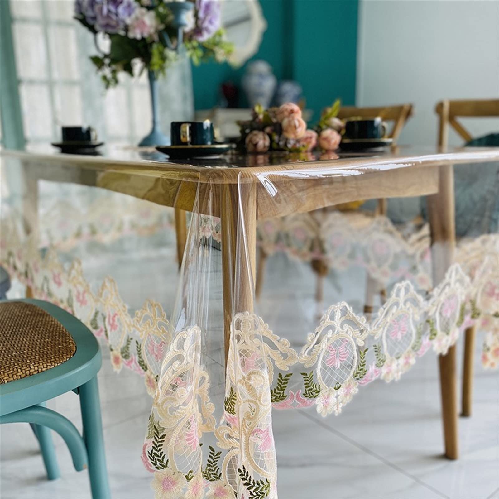 Heavy Duty Clear Vinyl Round Tablecloth with Elastic Edge - Waterproof Lace Table Cover for Dining, Party & Wedding - Fitted Table Protector for Fine Furniture (2 Colors) - Perfect for Indoor/Outdoor Events & Daily Use