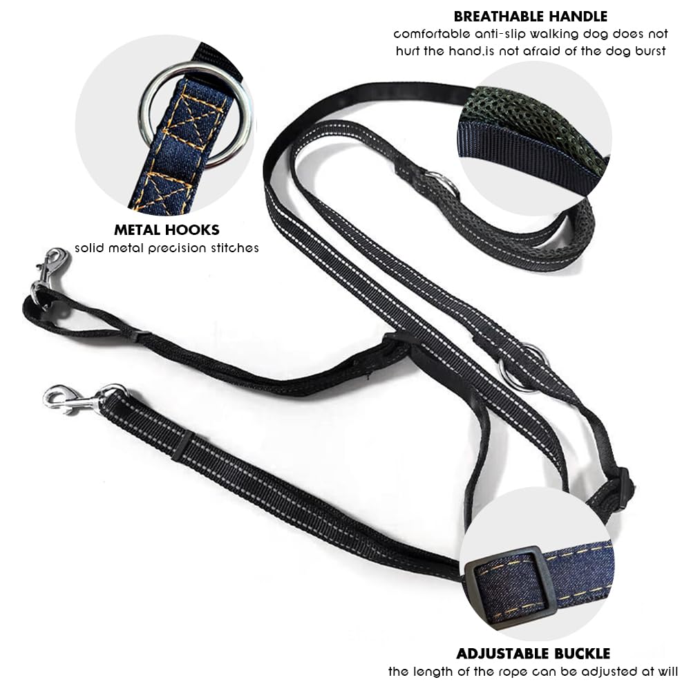 Hands-Free Dog Leash with Traffic Handle - Adjustable Double Leash for Two Dogs - Multifunctional Crossbody Running Belt for Large, Medium & Small Dogs - Perfect for Jogging, Hiking & Daily Walks