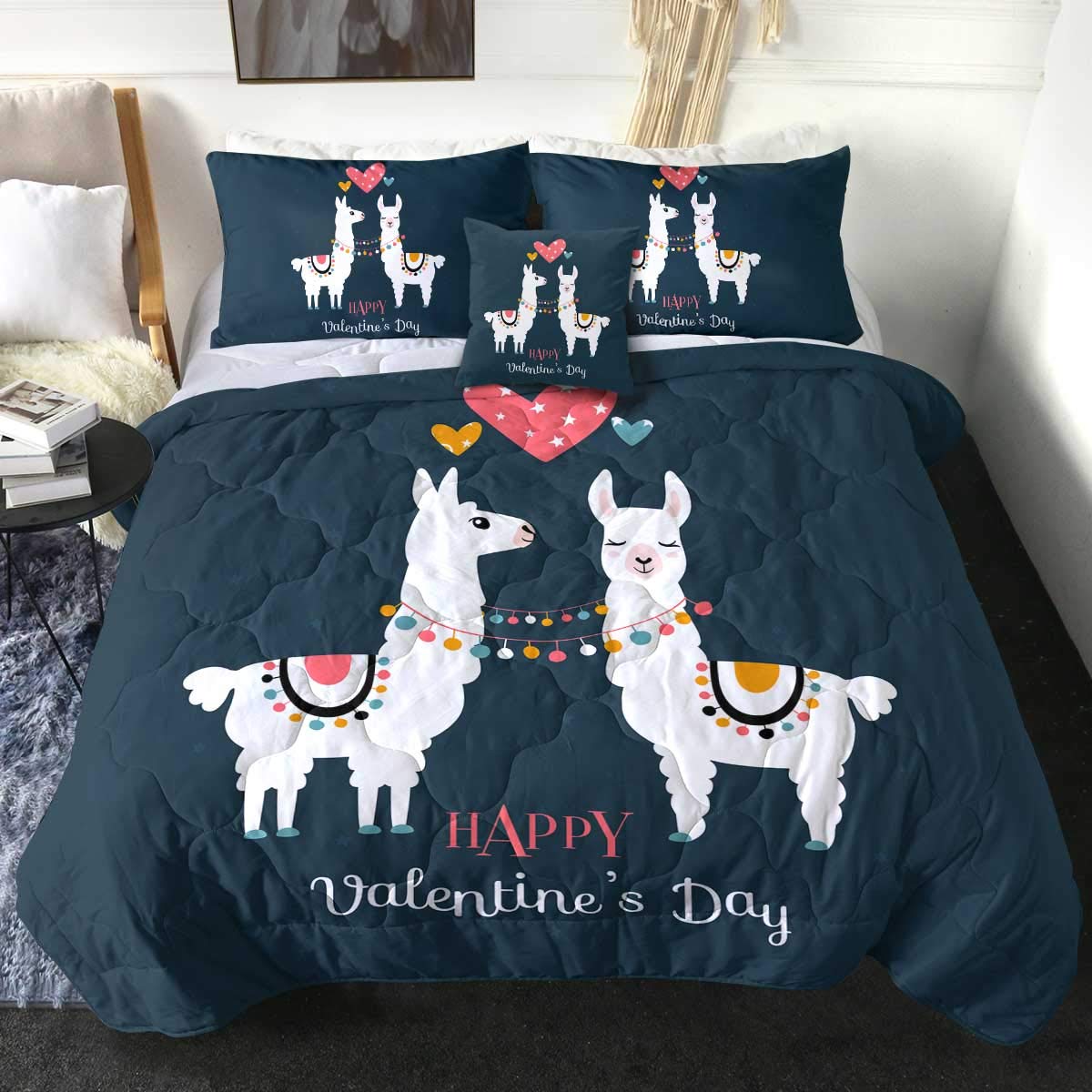 Sleepwish 3D Cute Animal Print Reversible Comforter Set - Queen Size Bedding with 2 Pillow Covers & 1 Cushion Cover, Llama Pattern Quilted Bedspread for Cozy Bedroom Decor | Perfect for Kids Rooms, Guest Bedrooms & Dorm Essentials