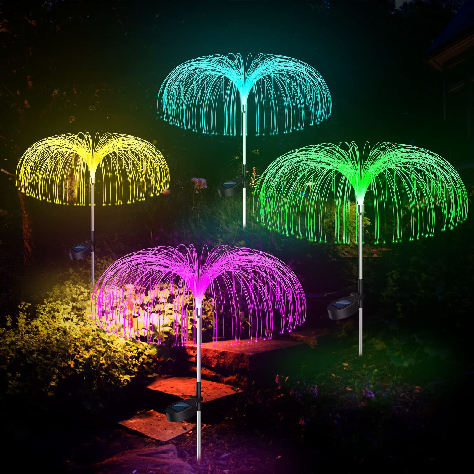 Qoosea 4 Pack Solar Garden Lights Outdoor, Waterproof 7 Color Changing LED Landscape Lights for Pathway, Lawn, Backyard - Perfect for Wedding, Christmas, Party & Patio Decoration | Solar Powered & Energy Efficient