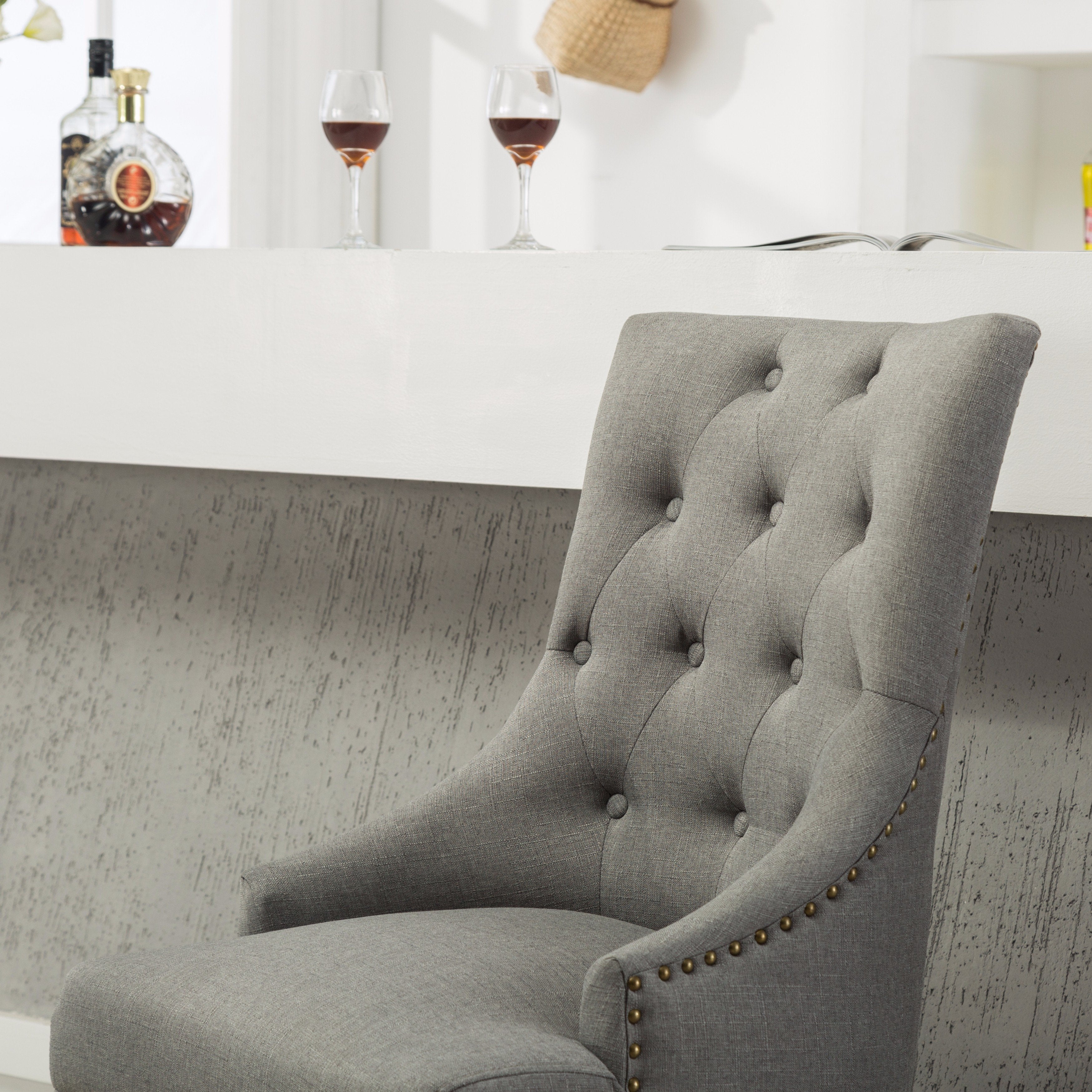 Roundhill Furniture Solid Wood Wingback Hostess Chairs with Button Tufted Upholstery & Nailhead Trim - Set of 2, Grey - Perfect for Dining Room, Living Room or Home Office Decor