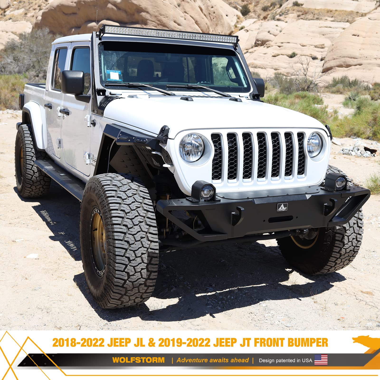 WOLFSTORM Front Bumper Replacement for 2018-2023 Jeep Wrangler JL/JLU & 2019-2023 Gladiator JT - LED Fog Light Design, Heavy Duty Off-Road Bumper for Jeep Pickup Accessories | Perfect for Off-Roading, Rock Crawling & Adventure Trips