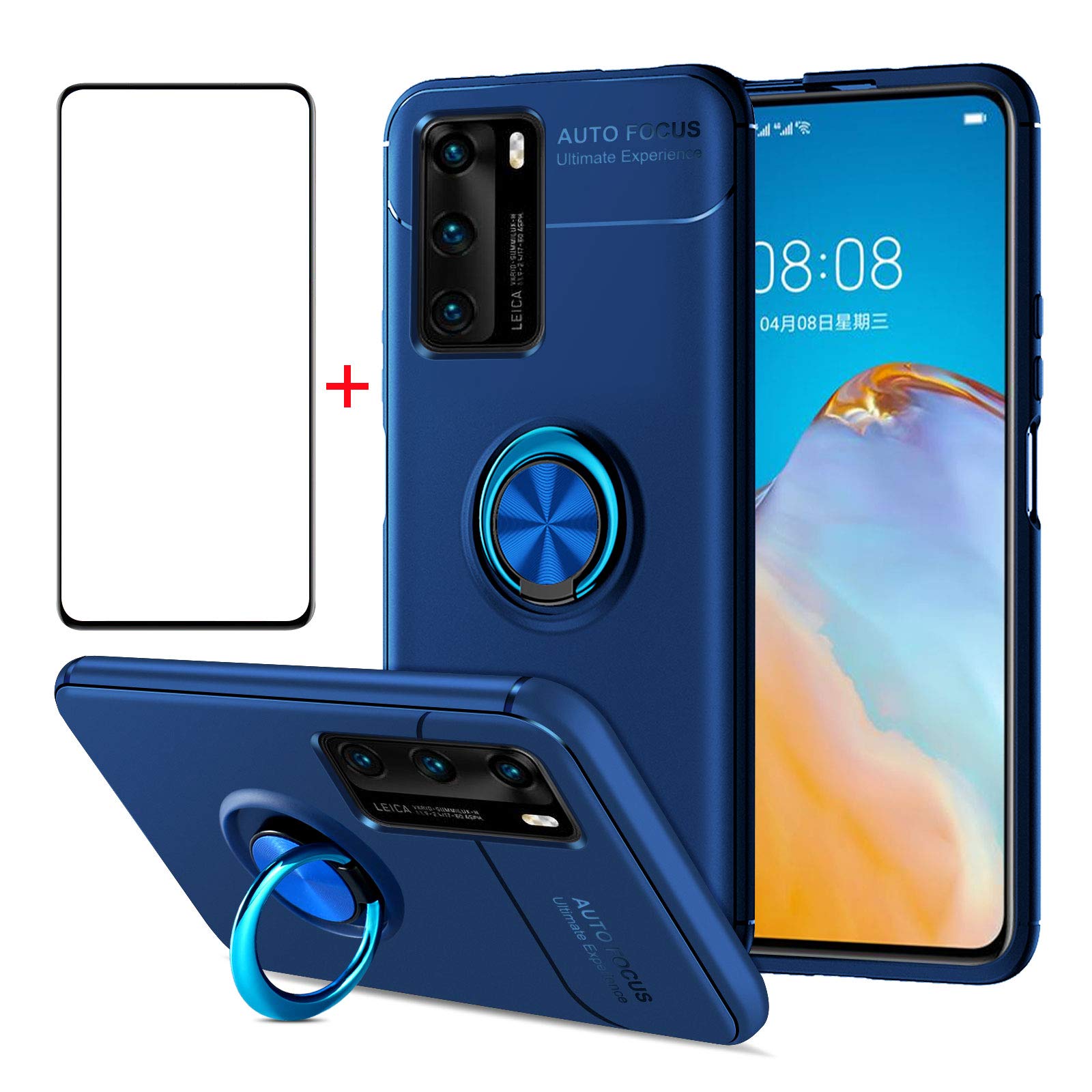 AKABEILA Shockproof Phone Case with Tempered Glass Screen Protector for Huawei P40 Lite 5G/Nova 7 SE - Carbon Fiber Silicone Bracket Cover for 6.5