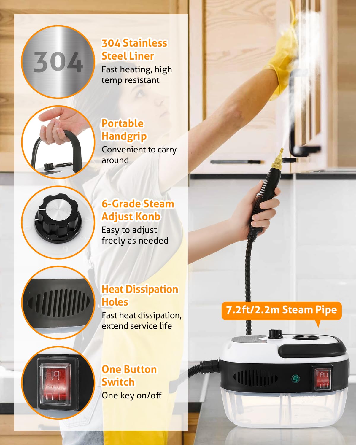 WICHEMI 2500W High Pressure Handheld Steam Cleaner - Portable Electric Steam Cleaning Machine for Home, Kitchen, Floors & Auto Detailing | Perfect for Deep Cleaning Carpets, Upholstery, Tiles and Car Interiors