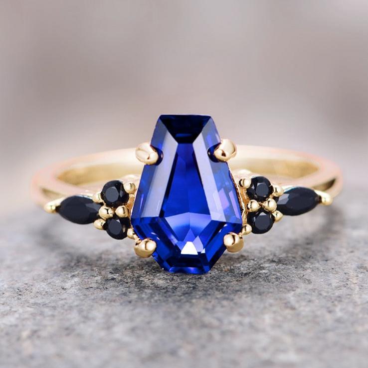 Exquisite 14K Yellow Gold Vermeil Coffin Cut Blue Sapphire & Black Onyx Ring for Women | Elegant Gothic Jewelry for Weddings, Parties & Special Occasions