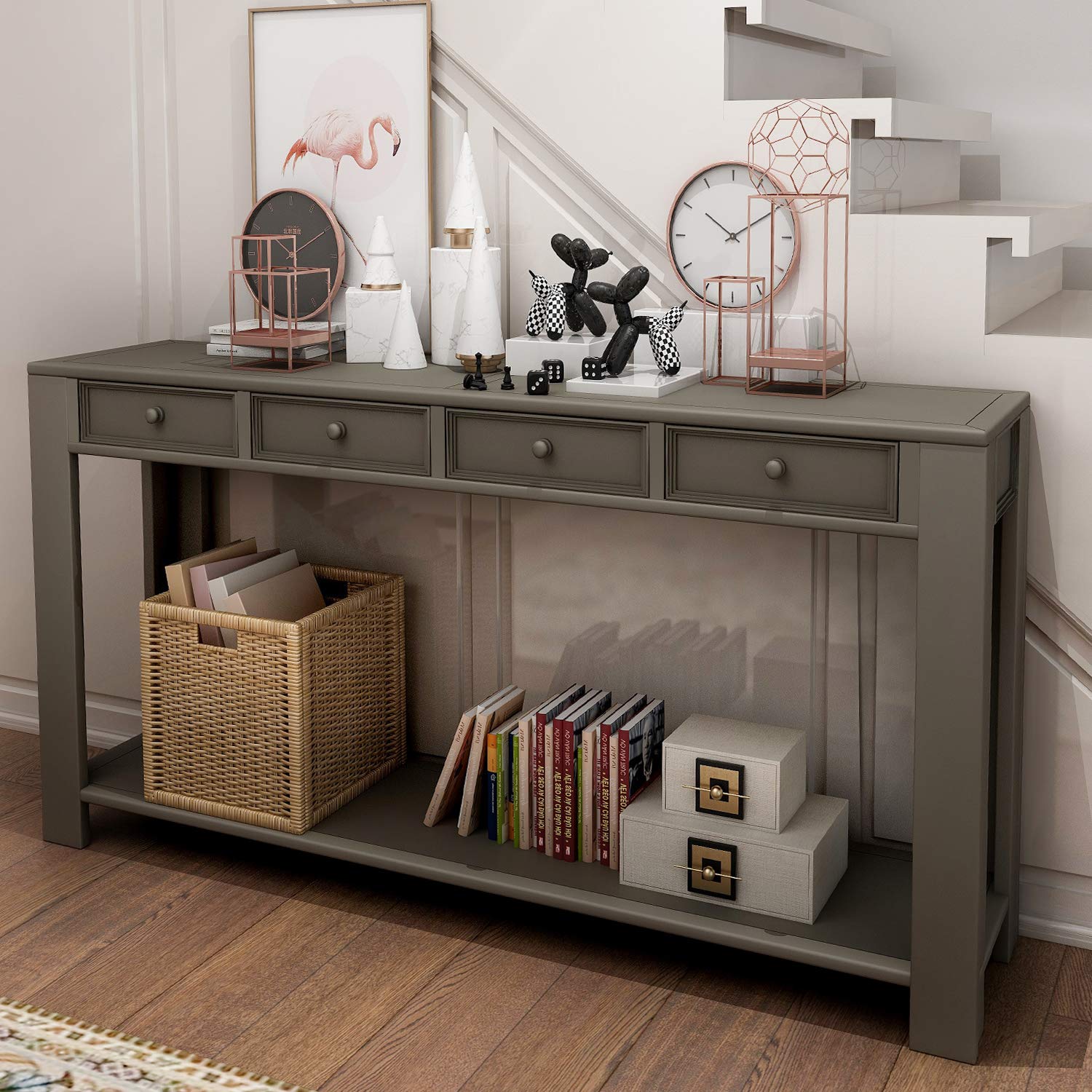 Rustic Solid Wood Console Table with 4 Drawers & Bottom Shelf - 64