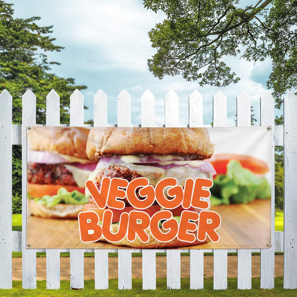 Custom Vinyl Banner 48x96 Inches - Weatherproof Outdoor Advertising Sign with 8 Grommets for Veggie Burger Promotion, Food & Beverage Events, Yard Signs - Perfect for Restaurants, Food Trucks & Outdoor Marketing