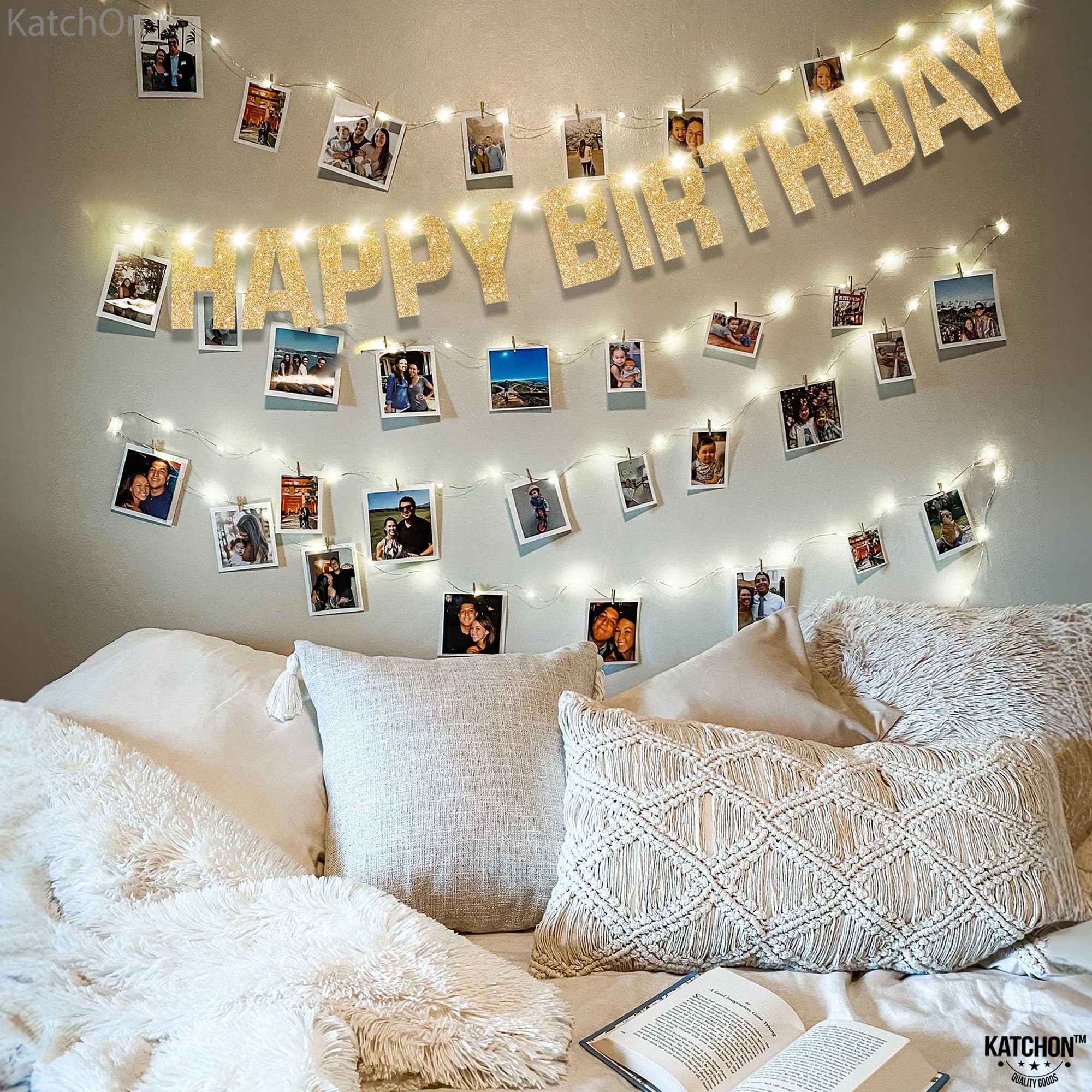 KatchOn 10ft Light Up Happy Birthday Banner with 8 Modes - Glitter Gold Party Decor for Indoor/Outdoor Celebrations, Anniversaries & Special Events