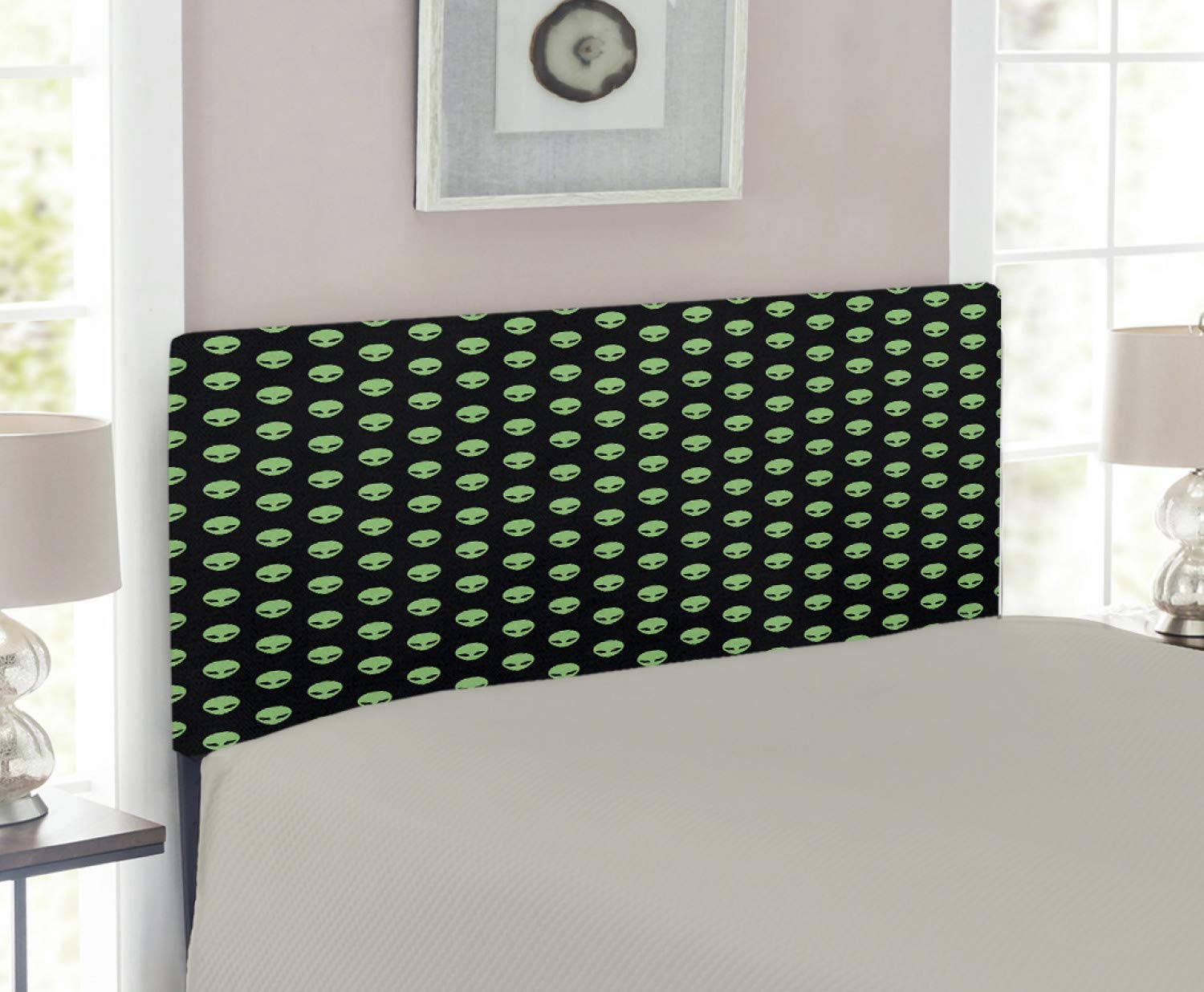 Ambesonne Alien Headboard - Supernatural Martian Beings from Other Planets, Upholstered Decorative Metal Bed Frame with Memory Foam - Twin Size in Fern Green & Black - Perfect for Sci-Fi Themed Bedrooms, Kids Rooms & Space Enthusiasts