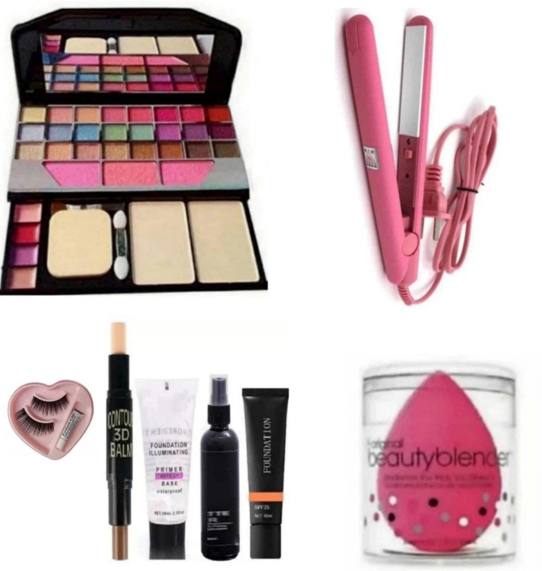 ZYCOFORD TYA 6155 Professional Makeup Kit Set - 8-Piece Multicolor Cosmetics Bundle with Hair Straightener, Contour, Fixer, Primer, Foundation, Eyelash Extensions & Pink Beauty Blender | Perfect for Makeup Artists, Bridal & Party Looks
