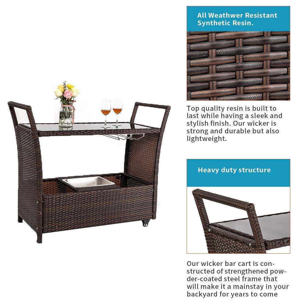 Bonnlo Wicker Outdoor Bar Cart with Wheels & Ice Bucket - Rattan Serving Cart with Glass Top & Wine Glass Holder - Perfect for Pool Parties, Backyard BBQs, Porch Entertaining & Outdoor Gatherings