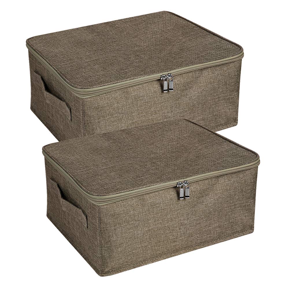 ANMINY 2-Pack Foldable Storage Bins with Zipper Lid - Small Closet Organizer Boxes for Clothes, Toys & Home Organization (Coffee Color) | Space-Saving PP Plastic & Cotton Linen Fabric Baskets for Bedroom, Nursery & Dorm