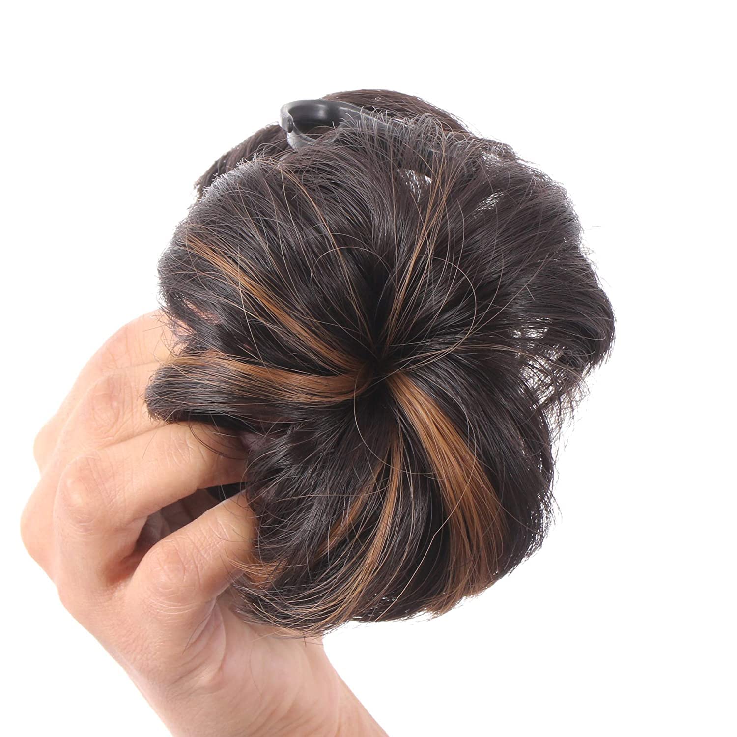 Premium Artificial Juda Hair Bun with Clutch Hair Accessory - Natural Looking Hair Extension & Wig for Women & Girls - Black with Golden Highlights - Perfect for Cosplay, Parties & Everyday Styling