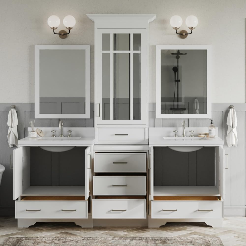 ARIEL White Double Sink Bathroom Vanity Set with Pure White Quartz Countertop - 5 Soft Closing Doors & 6 Full Extension Dovetail Drawers | Perfect for Master Bathroom Renovation and Modern Home Upgrade