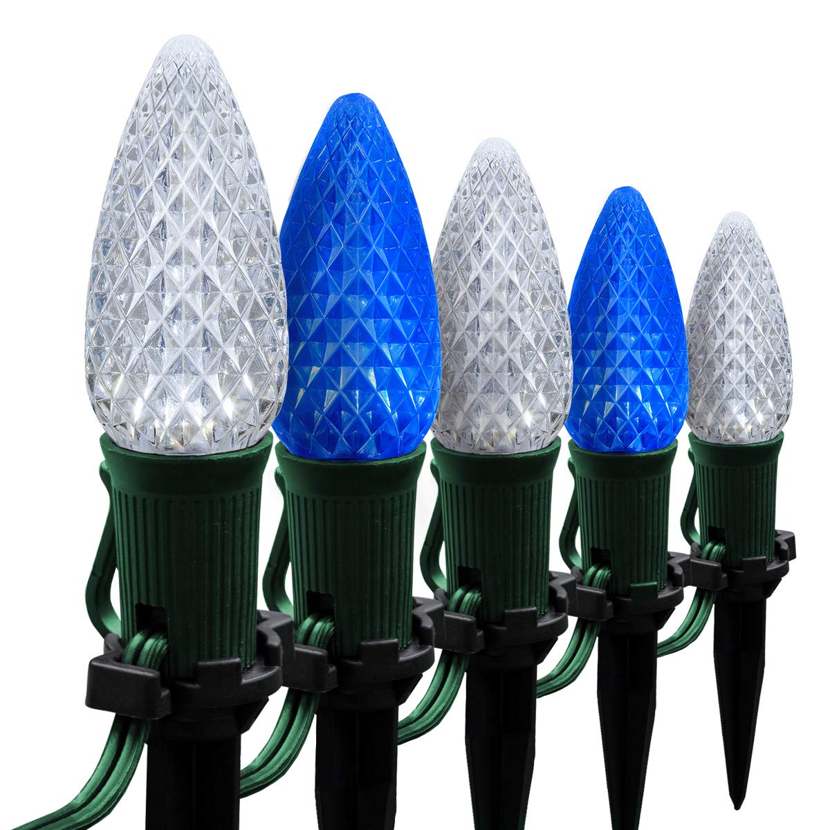 Wintergreen Lighting 50ft OptiCore LED Blue & White C9 Outdoor Christmas Pathway Lights - 4.5ft Stakes, Green Wire Plug String Lights - Perfect for Holiday Decor, Garden, Patio & Walkway Lighting