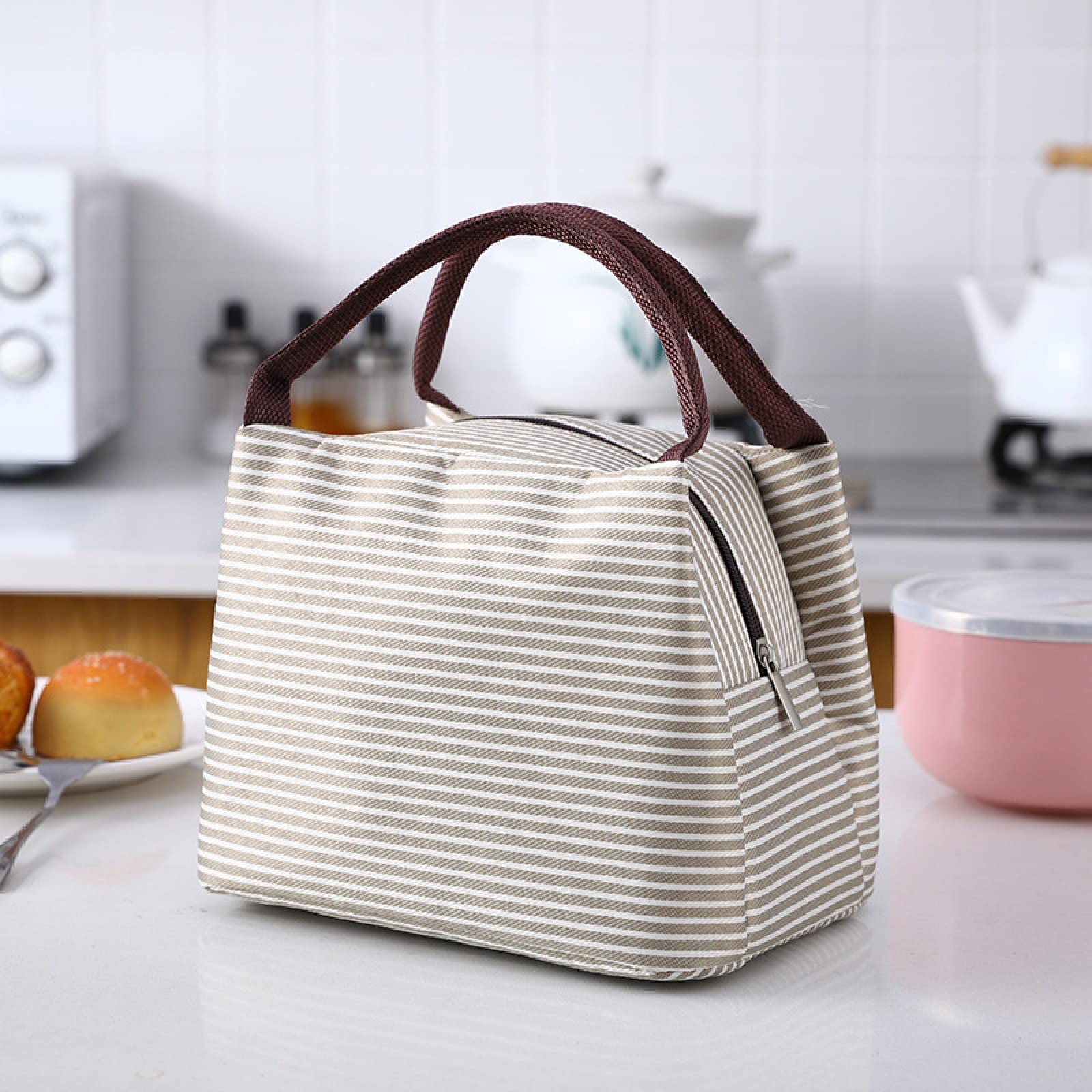 Insulated Lunch Bag for Work - Aluminum Foil Thermal Lunch Box with Thickened Insulation, Portable & Stylish Pinstripe Design - Perfect for Office, School, Picnics and Outdoor Activities