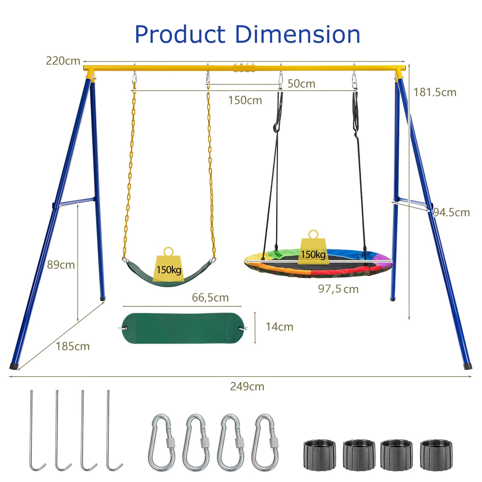 KOMFOTTEU Outdoor A-Frame Metal Swing Set for Kids - Double Swing with Adjustable Ropes, 300kg Weight Capacity, 249x185x181.5cm - Perfect for Garden, Backyard, and Playground Fun (Ages 3+)