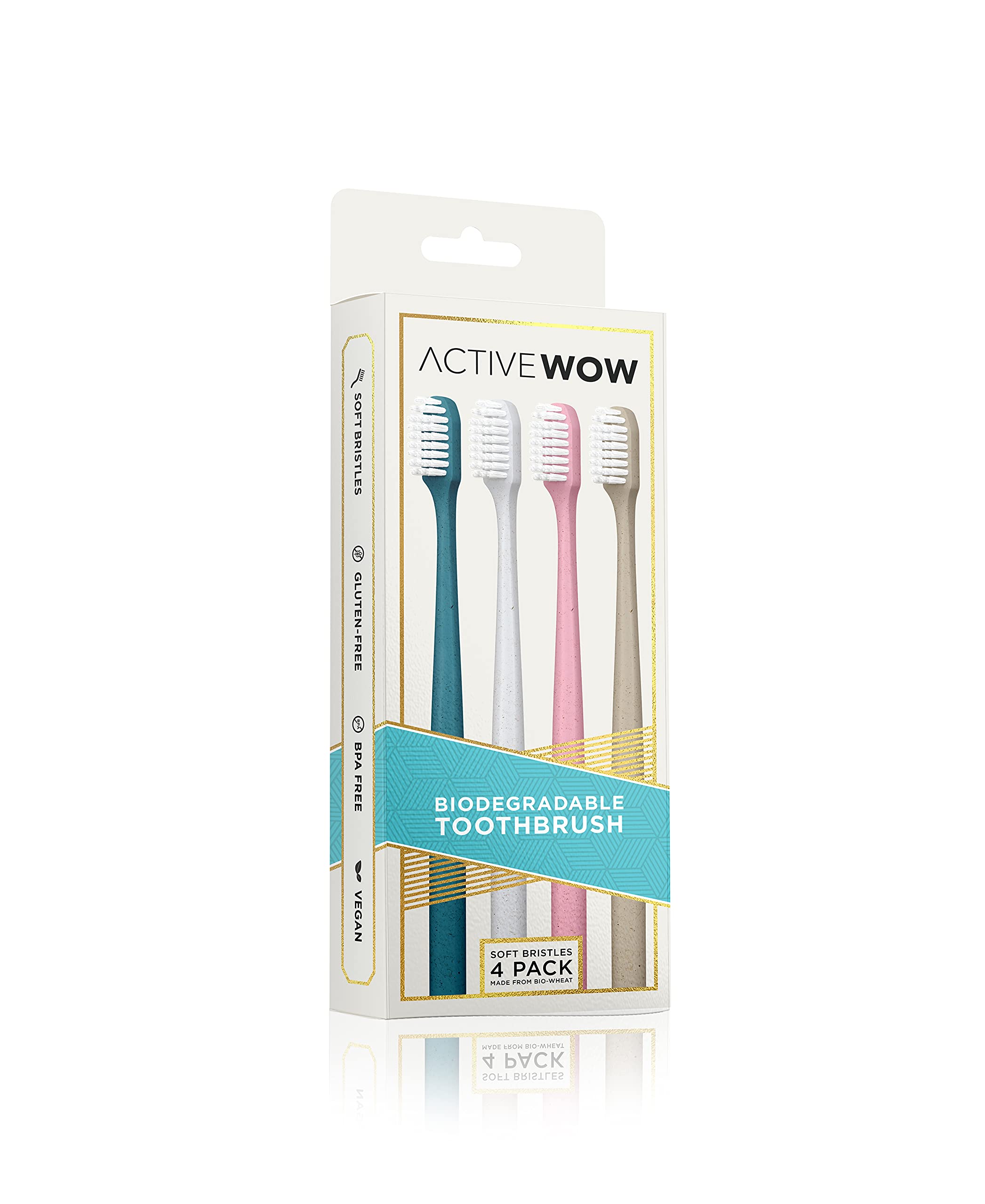 Active Wow Biodegradable Toothbrushes 4-Pack | Eco-Friendly Wheat Bristle Toothbrushes for Deep Cleaning | Soft BPA-Free Vegan Toothbrushes | Sustainable Oral Care for Travel, Camping & Daily Use