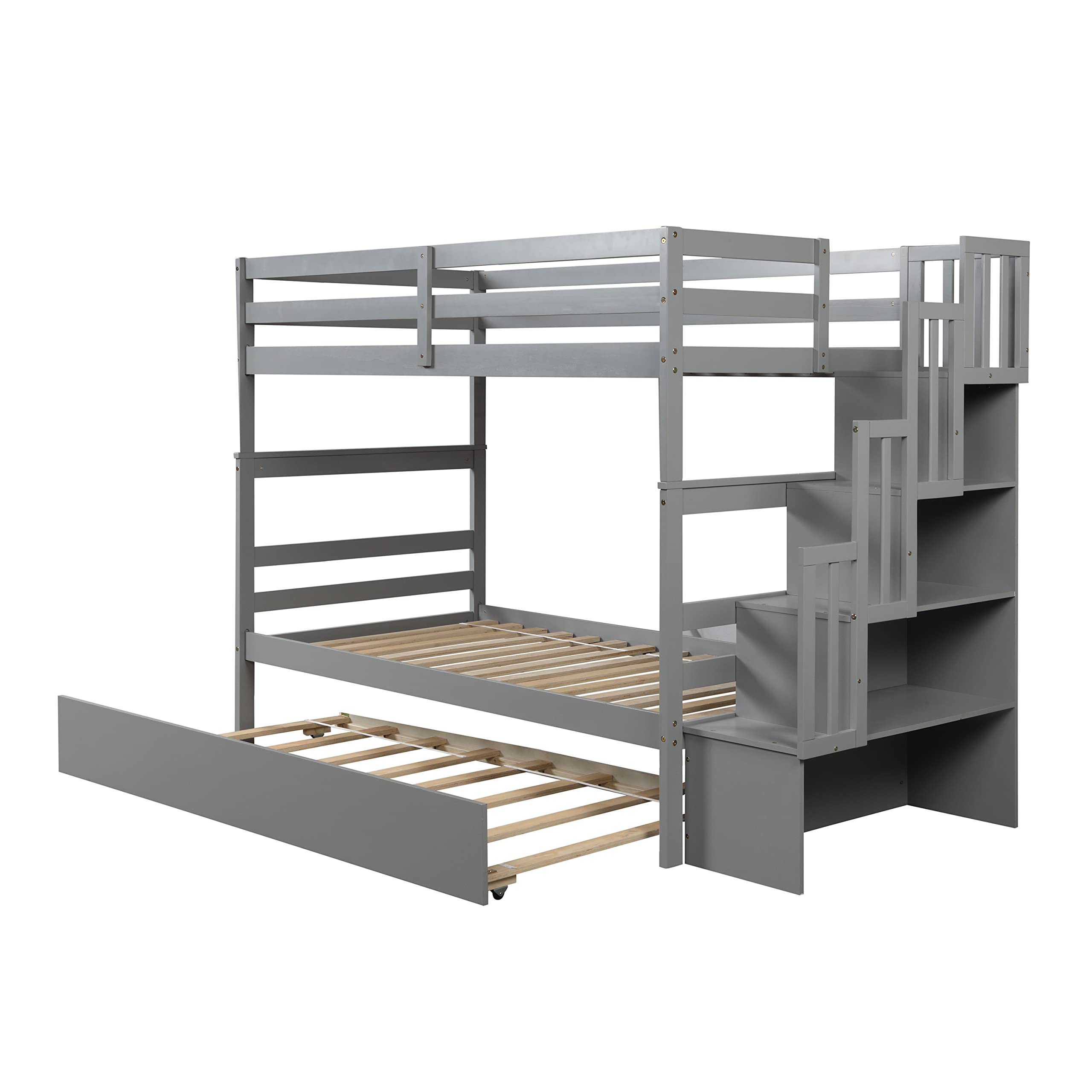 Harper & Bright Designs Twin Over Twin Bunk Bed with Trundle & Storage Shelf - Solid Wood Staircase Bunk Bed for Kids, Teens & Adults - Space-Saving Grey Bunk Bed for Small Rooms, Guest Rooms & Vacation Homes - No Box Spring Needed
