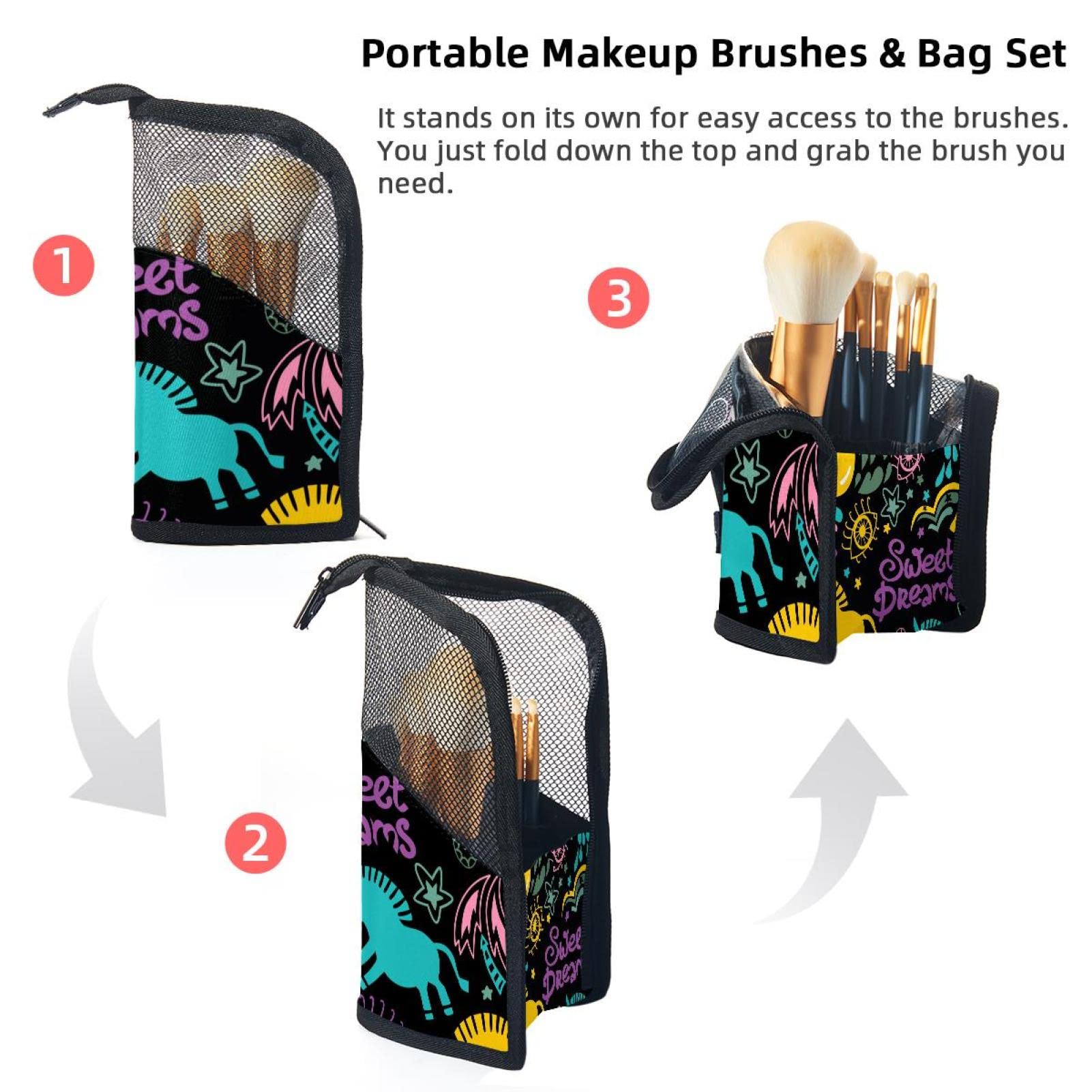 12-Piece Makeup Brush Organizer Bag with Sweet Dream & Unicorn Design - Portable Cosmetic Brush Holder Case for Travel, Home Vanity & Professional Makeup Artists