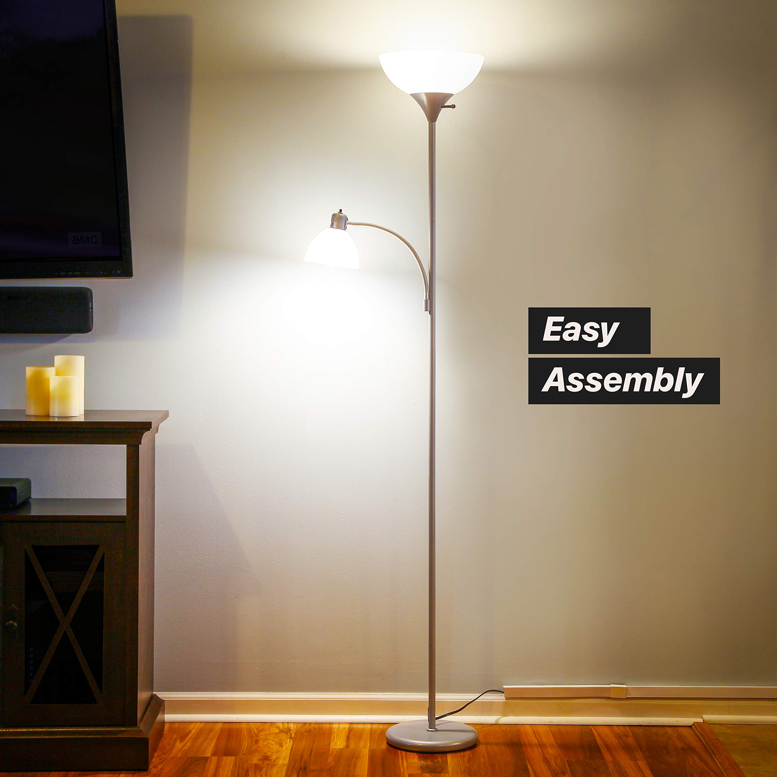 Brightech Sky Dome Plus LED Floor Lamp - Super Bright Dimmable Torchiere Standing Lamp for Living Room, Bedroom & Office - Adjustable Reading Light with Silver Finish - Perfect for Night Reading, Home Decor & Workspace Lighting