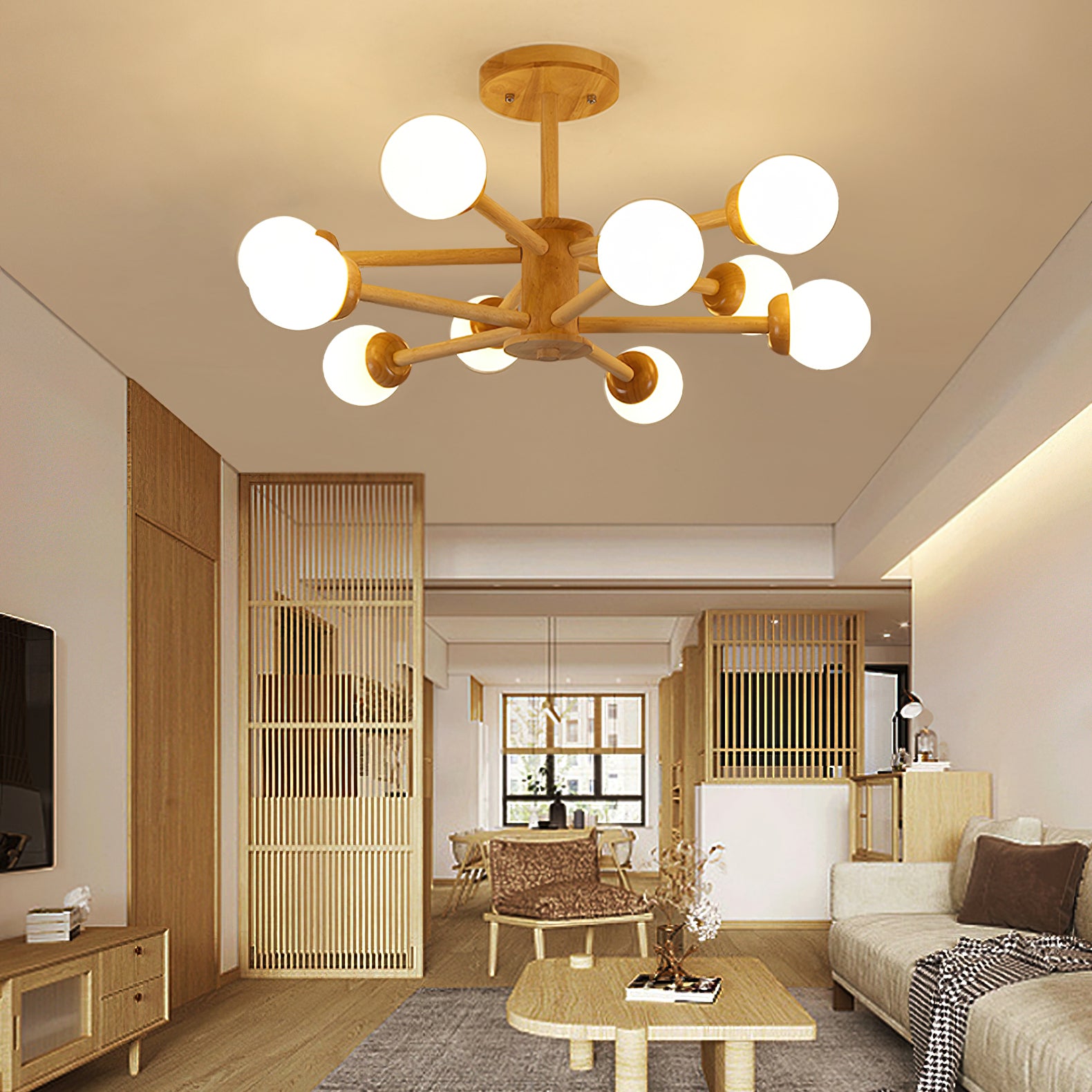 Modern Wooden Molecular Ceiling Light Fixture - Handcrafted Geometric Pendant Lighting for Living Room, Dining Room & Bedroom - Stylish Home Decor & Ambient Lighting Solution
