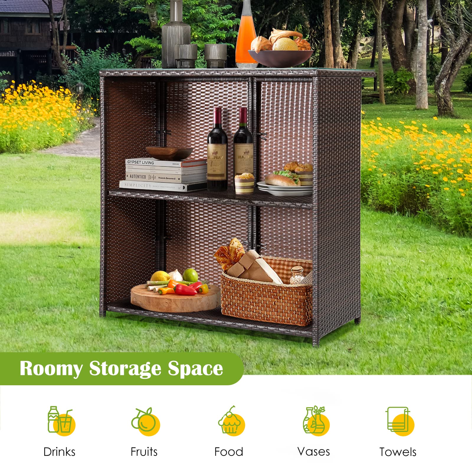 RELAX4FLIE 3-Piece Outdoor Bar Set - Patio Wicker Bar Table & Chairs with Cushioned Stools, 2 Open Shelves & Tempered Glass Top - Rattan Bar Height Set for Poolside, Garden, Backyard, Deck & Outdoor Entertaining (Beige)