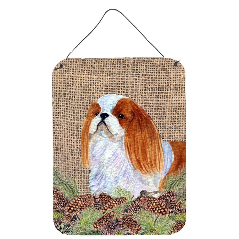 English Toy Spaniel Wall Art - Aluminum Metal Sign with Faux Burlap & Pine Cones Decor | 12x16 Inch Rustic Home Plaque for Kitchen, Bathroom, Bar or Front Door | Perfect for Pet Lovers & Country Style Interior Design