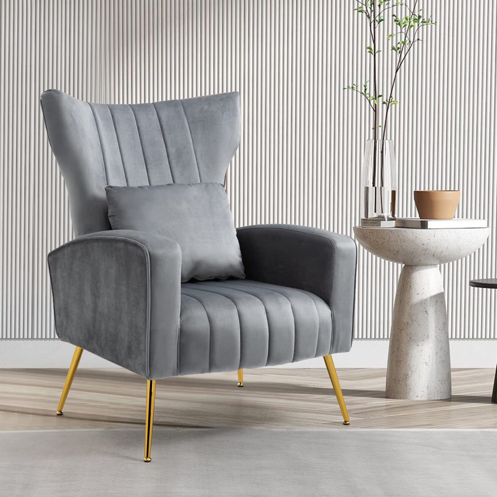 Velvet Accent Chair with Lumbar Pillow - Modern High Back Armchair with Gold Legs for Living Room, Bedroom & Vanity | Grey Barrel Chair for Cozy Seating & Home Decor
