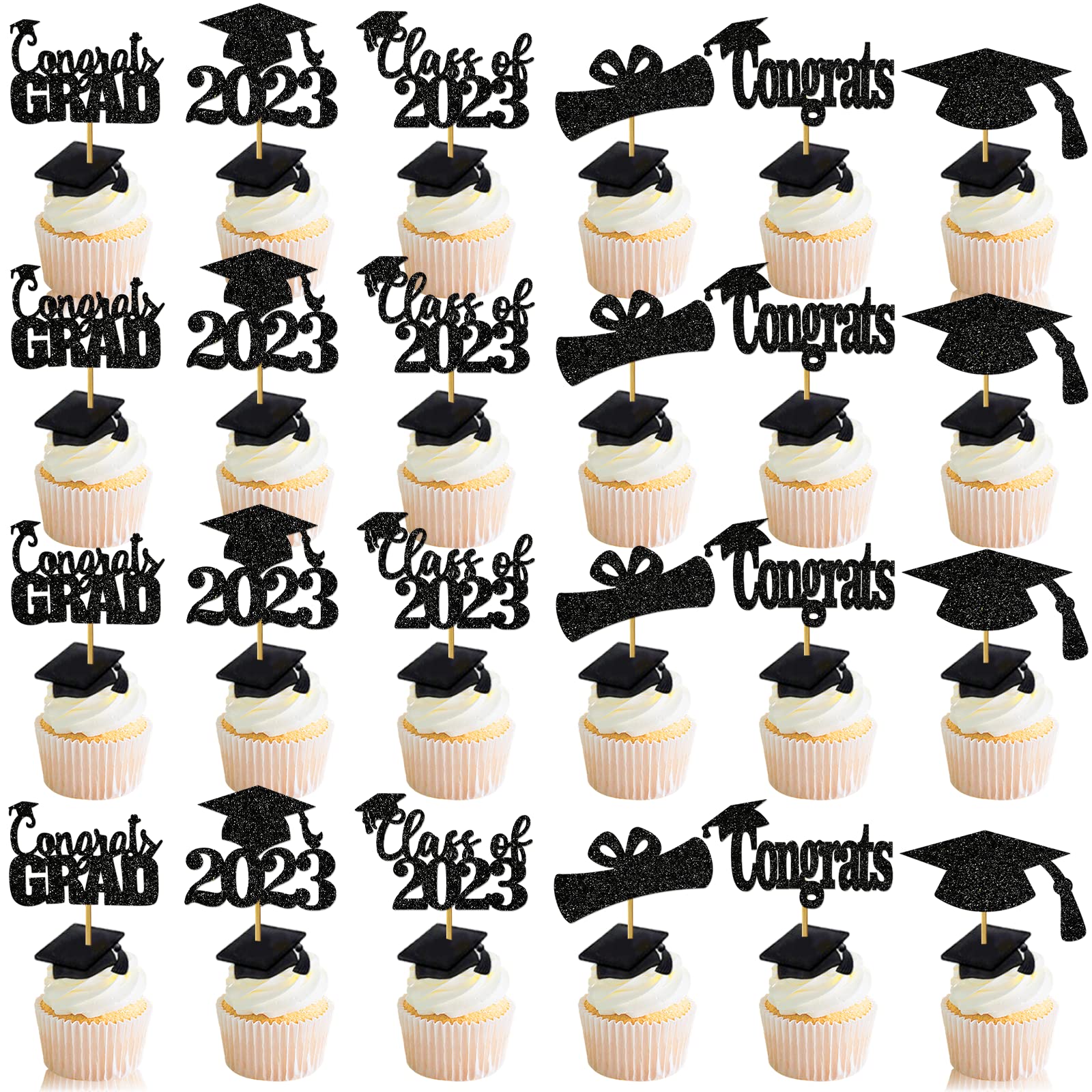 24Pcs Black Graduation Cupcake Toppers 2023 - Graduation Hat Picks for Class of 2023 Decorations | Perfect for Graduation Parties, School Celebrations & Cake Decorating