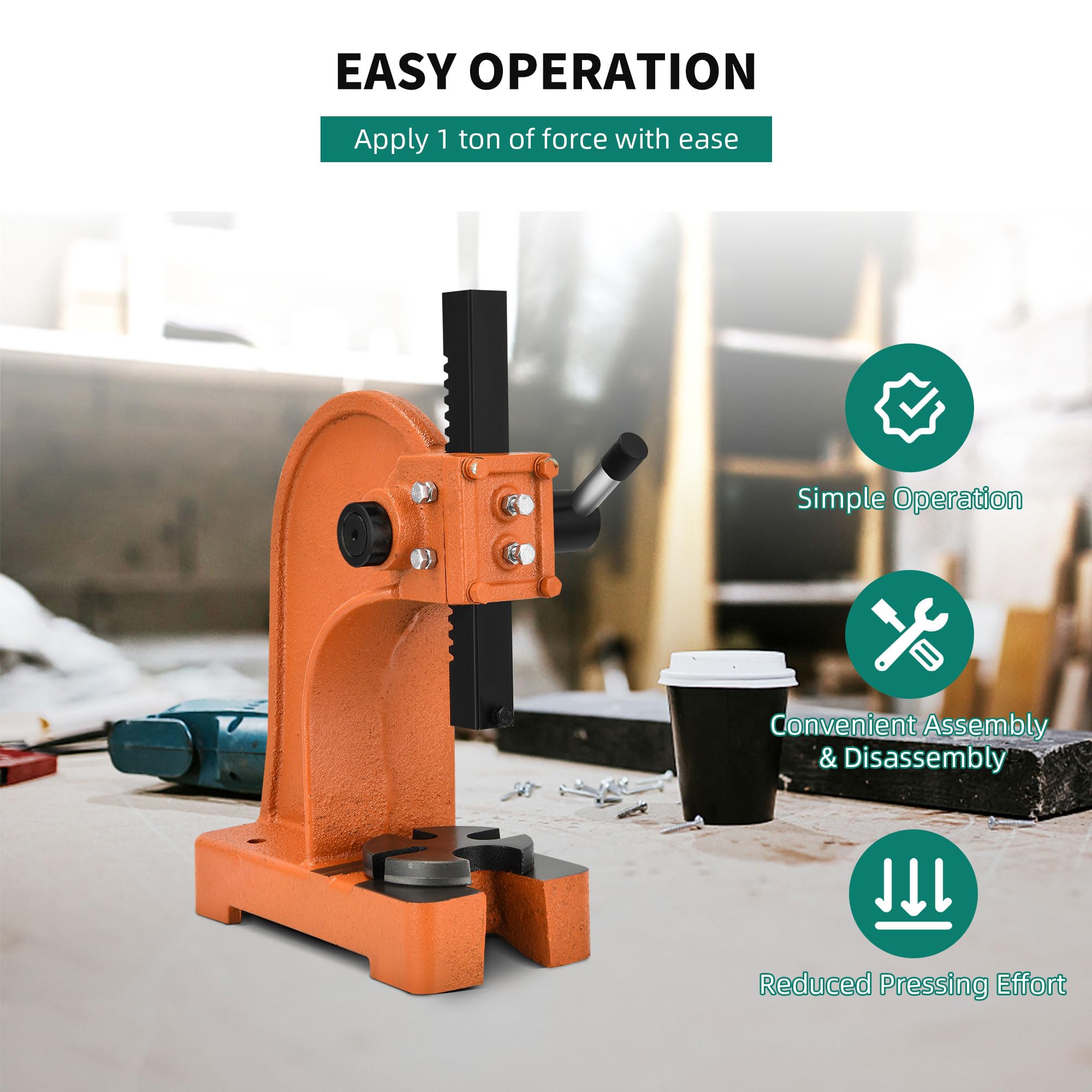 1 Ton Heavy Duty Manual Arbor Press - 5.5 Inch Max Height, Cast Iron Desktop Press Machine for Riveting & Punching | Perfect for Metalworking, Jewelry Making & DIY Projects (Orange)