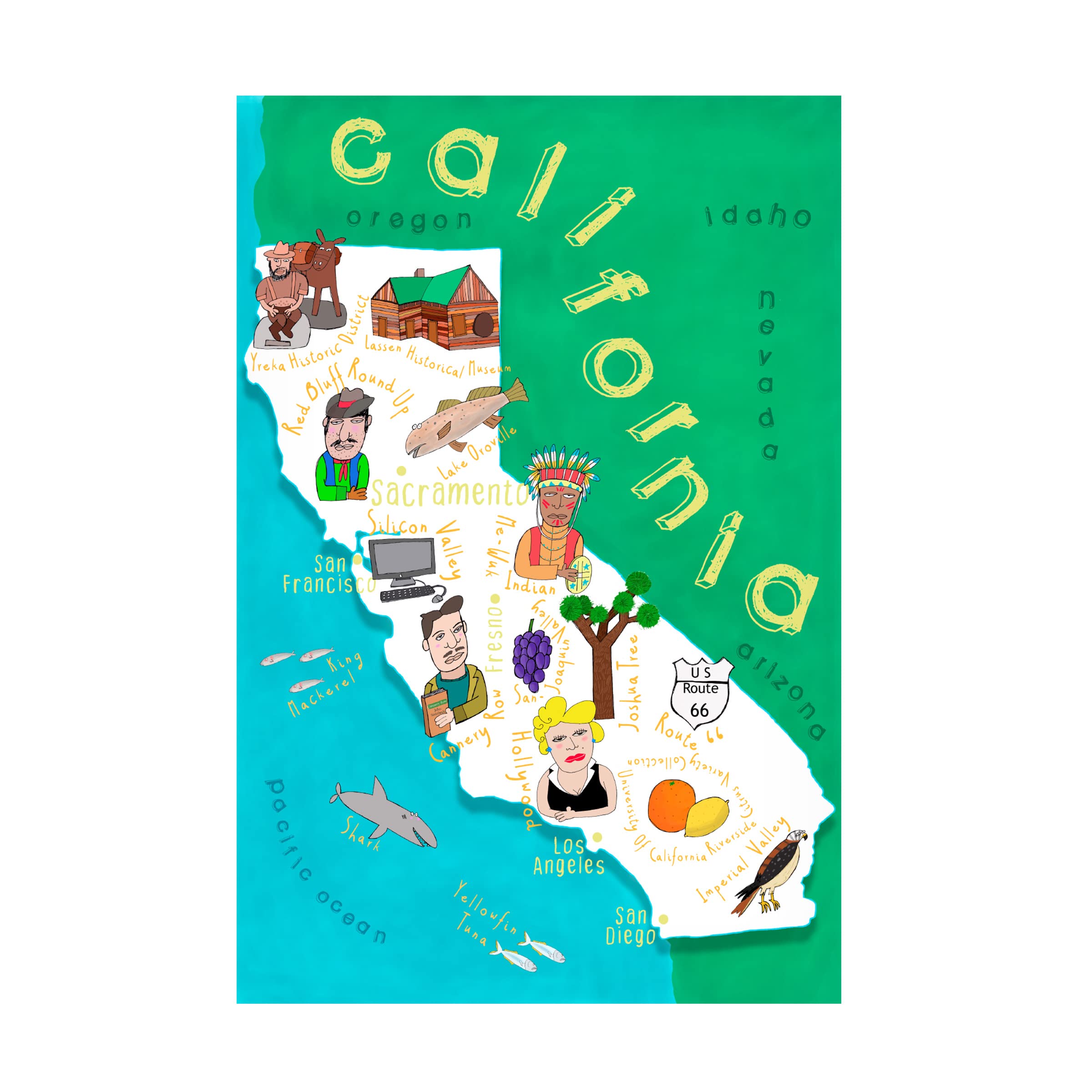 California State Map Canvas Art Print by Carla Daly - Illustrated Wall Decor for Home & Office - Perfect for Living Room, Bedroom, or Office Decor