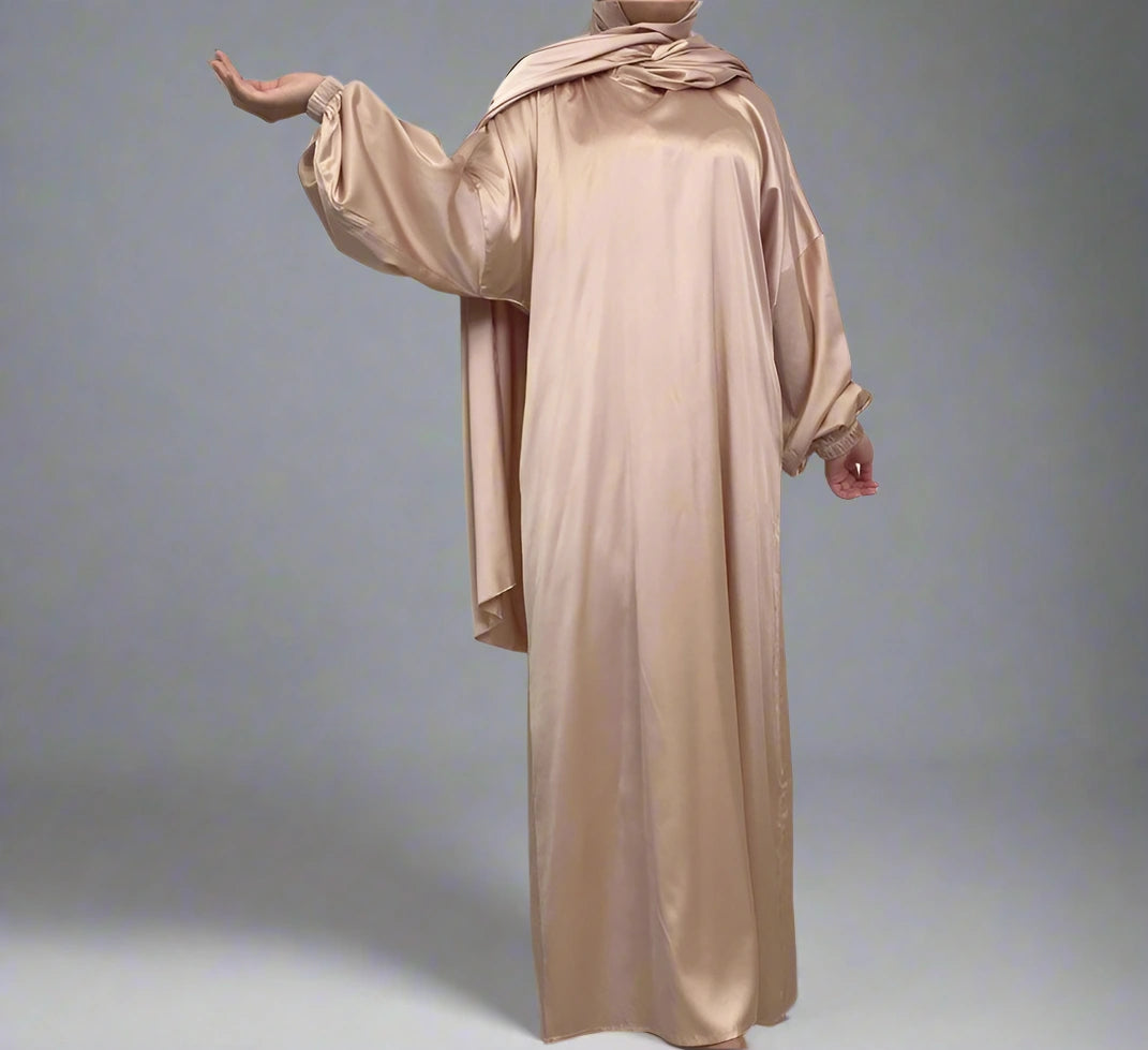 Elegant Solid Color Satin Abaya Dress with Pocket & Hijab Scarf - Perfect for Prayer, Modest Fashion, and Special Occasions