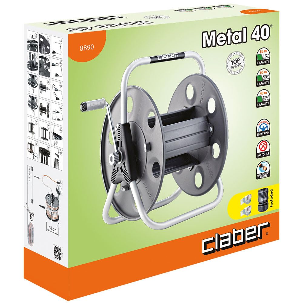 Claber Metal 40 Ground Hose Reel - Heavy Duty Garden Hose Storage with Wall Mount - Perfect for Lawn Care, Car Washing & Outdoor Watering