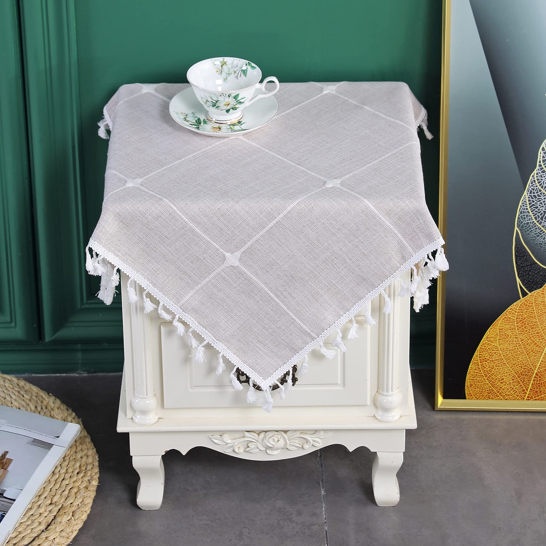 Rustic Embroidered Lattice Square Tablecloth with Tassels - Heavy Duty Wrinkle Resistant Fabric - 24x24 Inch Kitchen Dining Table Cover for Farmhouse Decor, Tea Parties & Holiday Gatherings