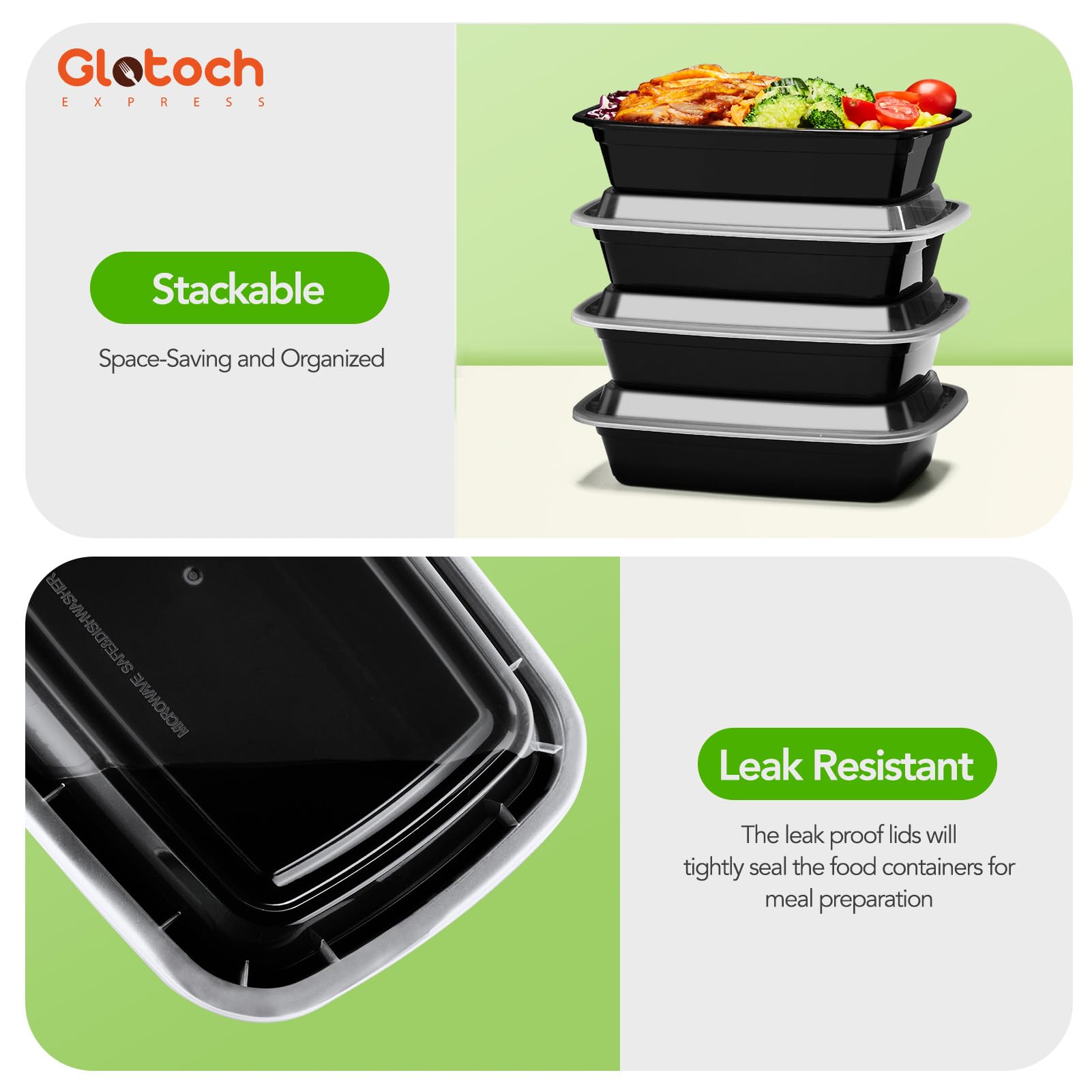 50-Pack 24 OZ Reusable Meal Prep Containers with Lids - Leakproof, Microwave, Freezer & Dishwasher Safe - BPA-Free Plastic Food Storage Containers for Meal Prepping, Leftovers, Takeout & Office Lunch - Black
