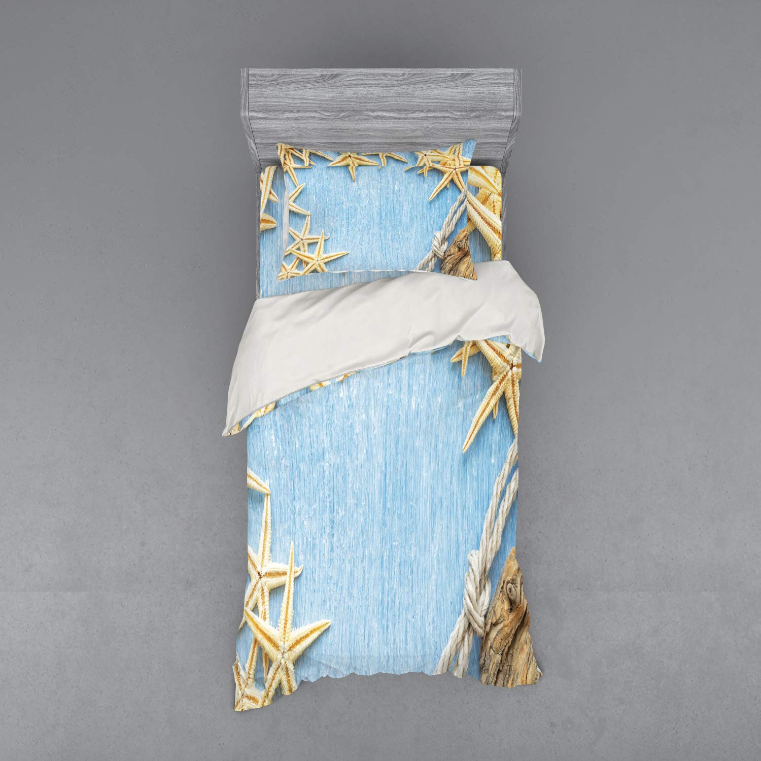 Ambesonne Seashells 3-Piece Duvet Cover Set - Twin XL Size, Pale Blue Ivory, Coastal Beach Theme Bedding with Vintage Shellfish & Wooden Board Design - Perfect for Guest Rooms, Beach Houses & Coastal-Themed Bedrooms