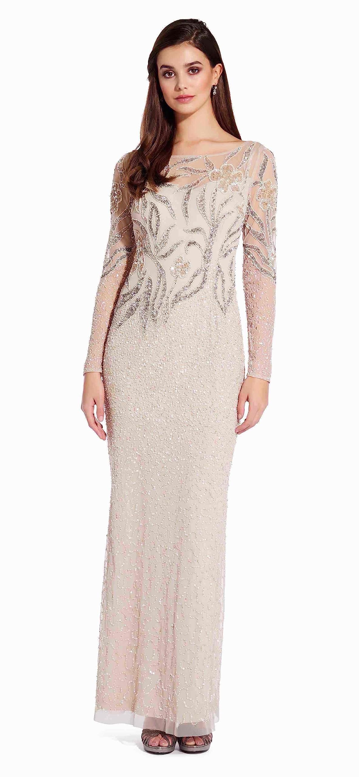 Adrianna Papell Women's Beaded Long Sleeve Evening Gown - Elegant Formal Dress for Weddings, Galas & Special Occasions