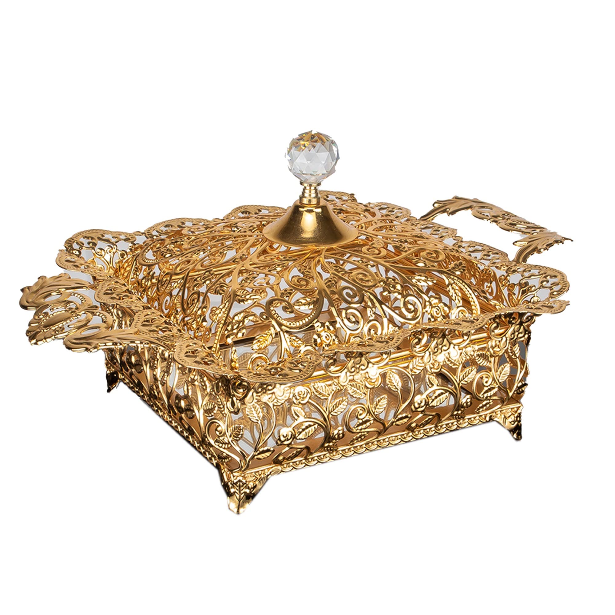 Handmade Gold Candy Dish with Glass Lid & Crystal Top - Decorative Square Sugar Serving Bowl for Office Desk, Party, Wedding & Home Decor - Elegant Candy Jar for Gifts & Display