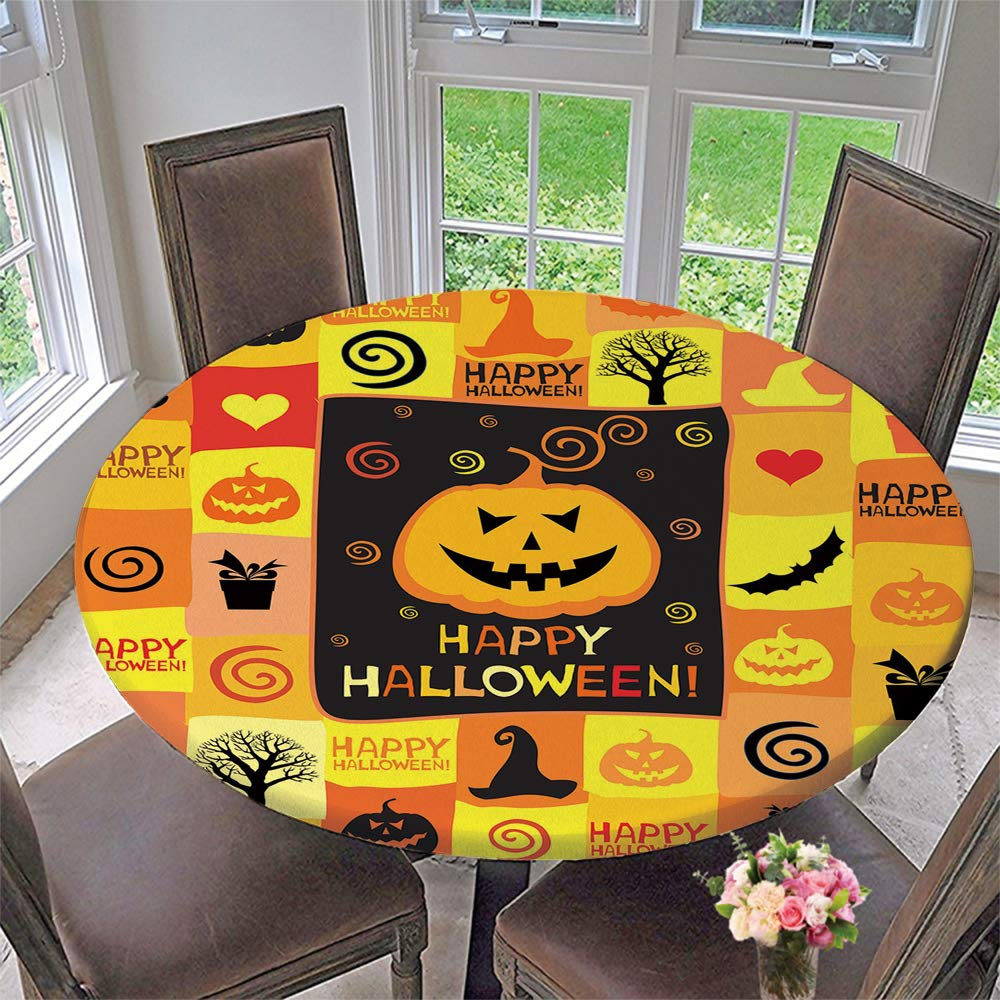 Halloween Round Tablecloth with Elastic Edge - Bat & Pumpkin Design, Fits 35
