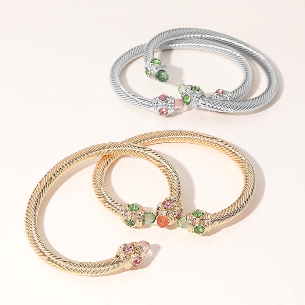 Pink & Green 2PCS Stone Tip Twisted Cuff Bracelet Set - Boho Chic Jewelry for Women - Perfect for Parties, Weddings & Everyday Wear